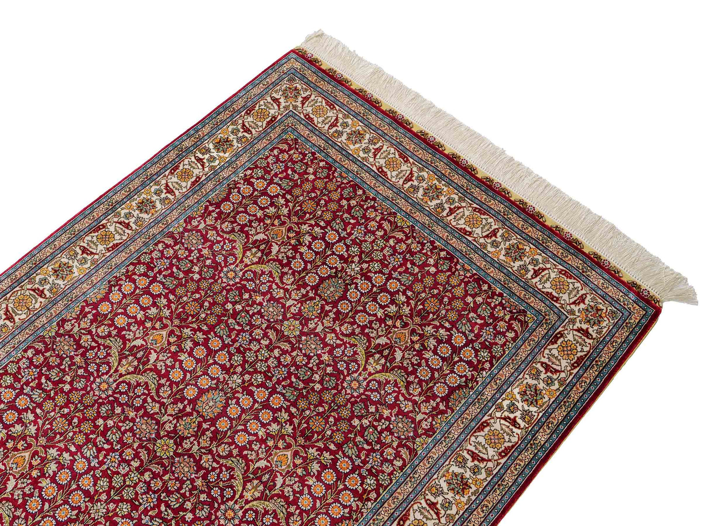 Sehr feiner, handgeknüpfter Khademi Hereke Orientteppich aus Seide, rot. 156x94 cm. Vertrieb durch Jupiter Intl.