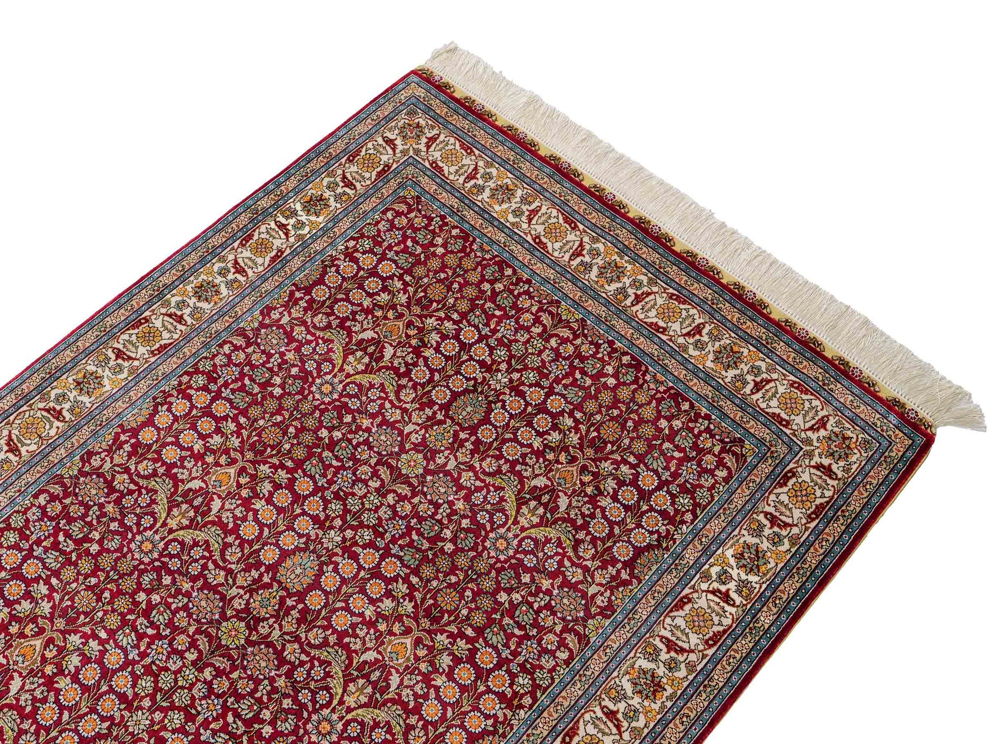 Sehr feiner, handgeknüpfter Khademi Hereke Orientteppich aus Seide, rot. 156x94 cm. Vertrieb durch Jupiter Intl.