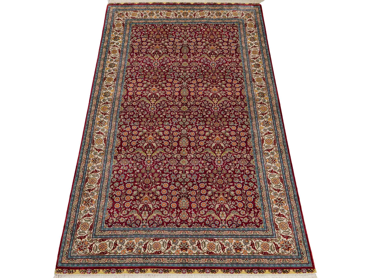 Sehr feiner, handgeknüpfter Khademi Hereke Orientteppich aus Seide, rot. 156x94 cm. Vertrieb durch Jupiter Intl.