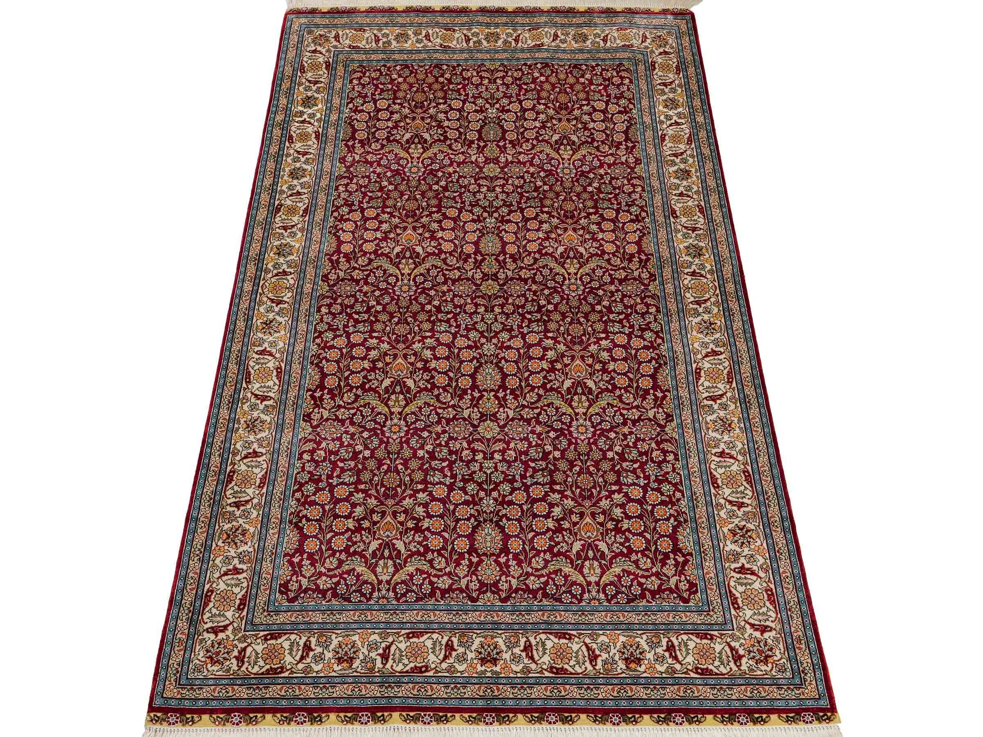 Sehr feiner, handgeknüpfter Khademi Hereke Orientteppich aus Seide, rot. 156x94 cm. Vertrieb durch Jupiter Intl.