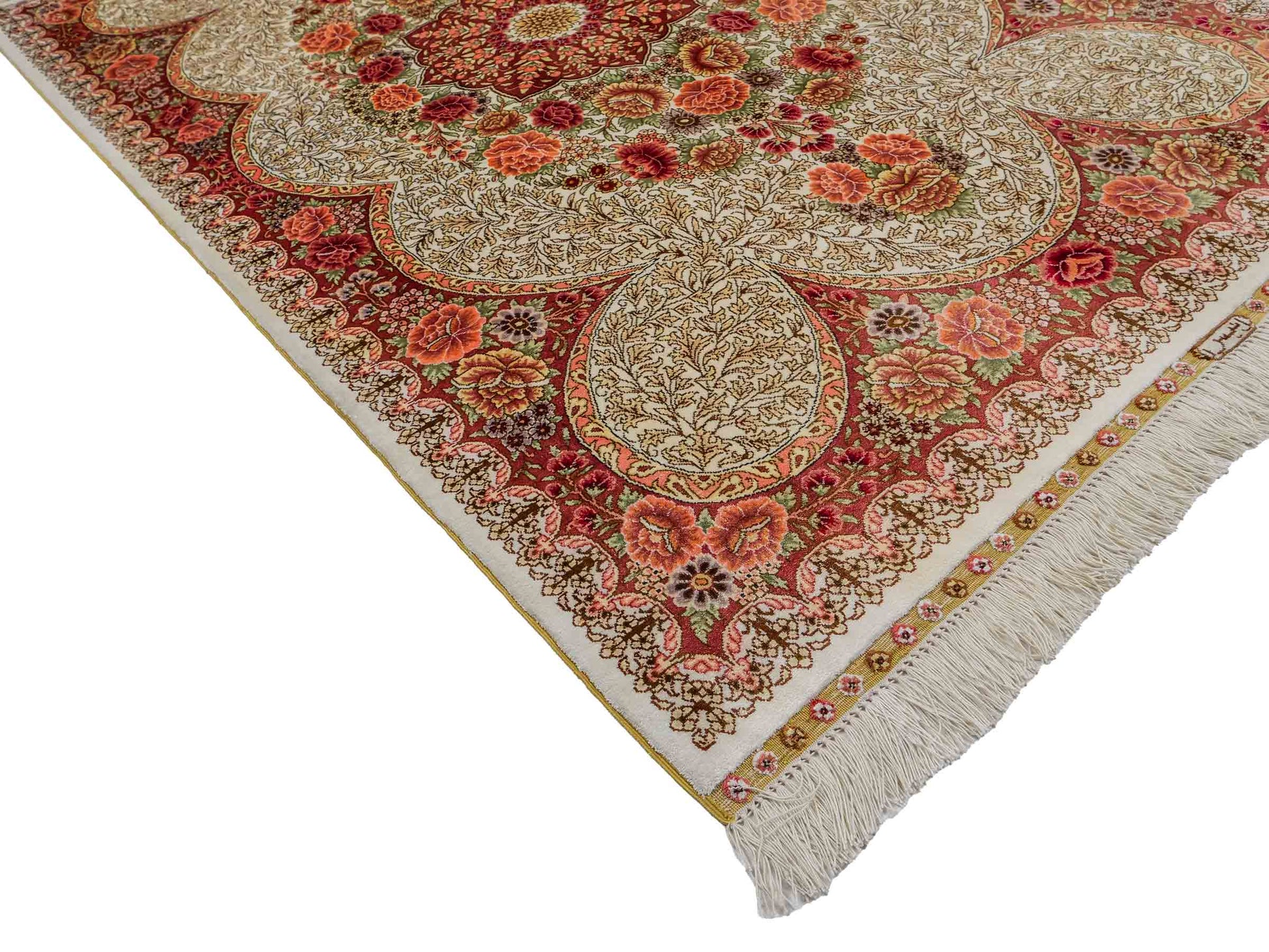 Sehr feiner, handgeknüpfter Khademi Hereke Orientteppich aus Seide, creme. 156x94 cm. Vertrieb durch Jupiter Intl.