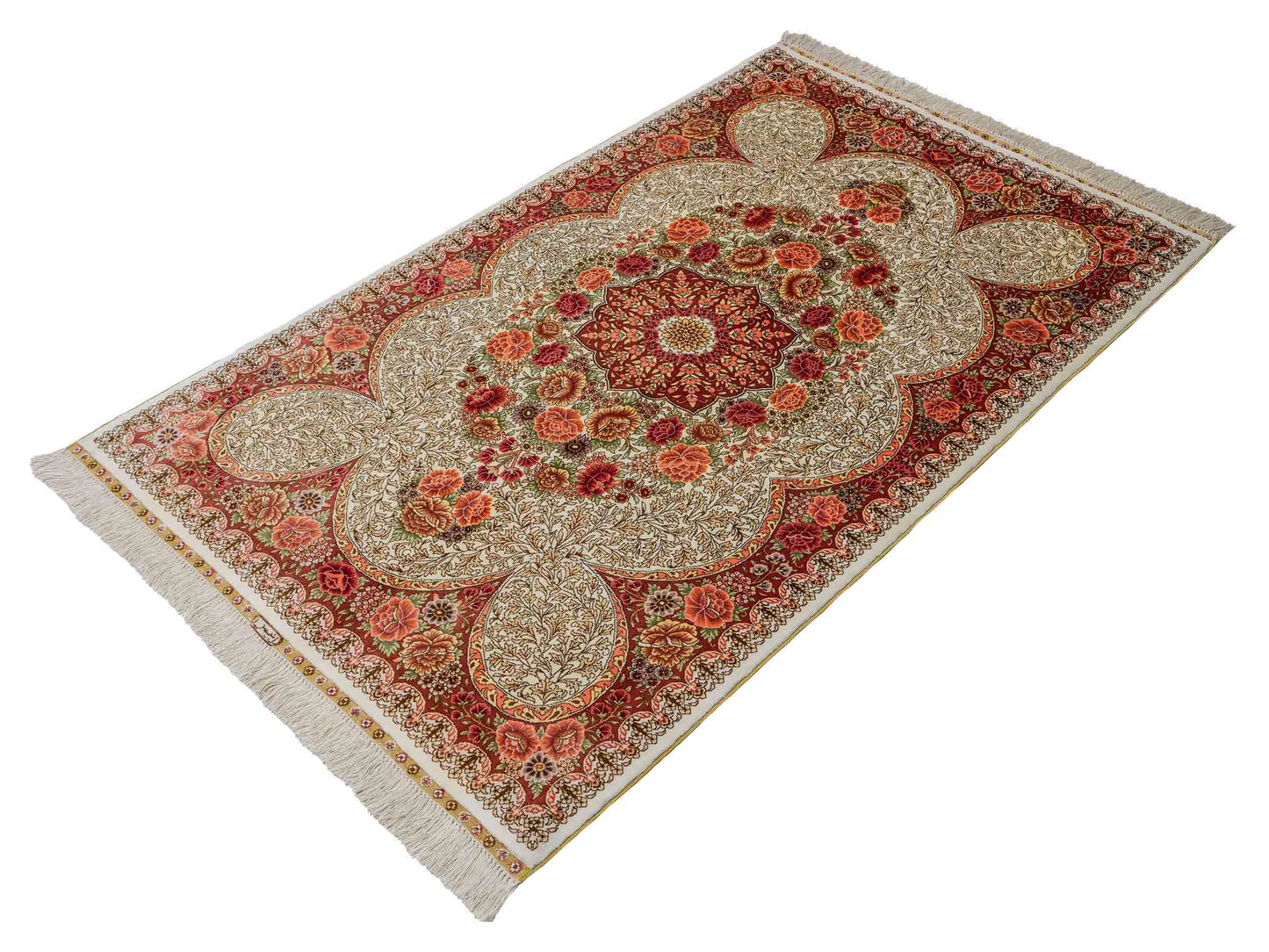 Sehr feiner, handgeknüpfter Khademi Hereke Orientteppich aus Seide, creme. 156x94 cm. Vertrieb durch Jupiter Intl.