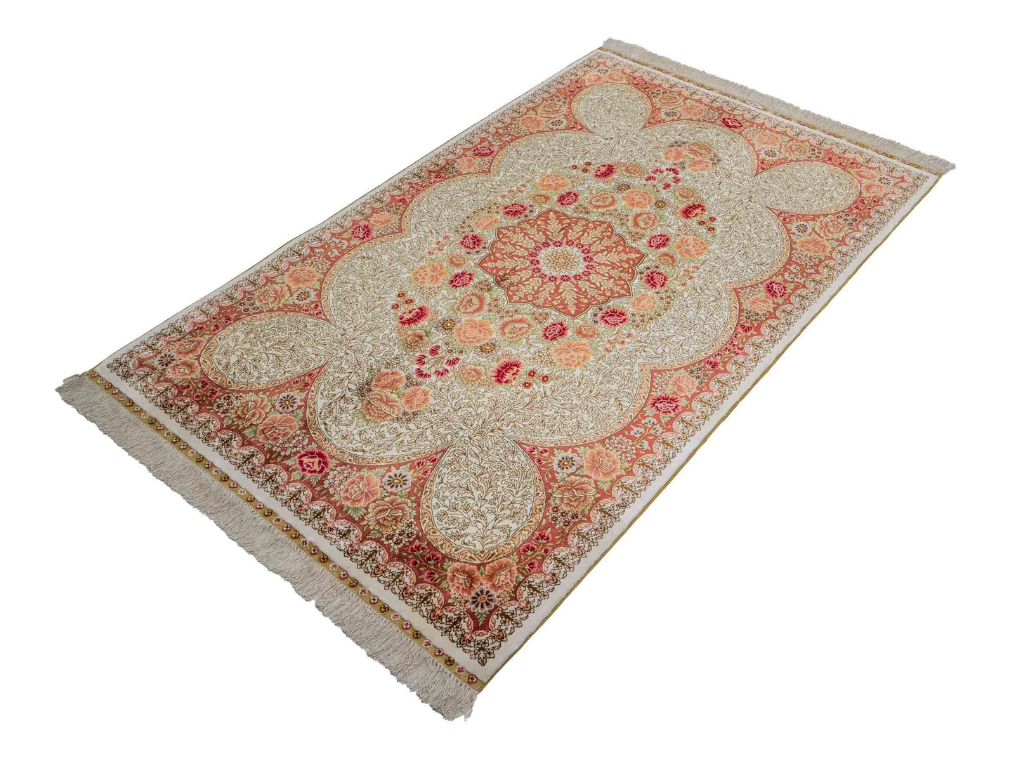 Sehr feiner, handgeknüpfter Khademi Hereke Orientteppich aus Seide, creme. 156x94 cm. Vertrieb durch Jupiter Intl.