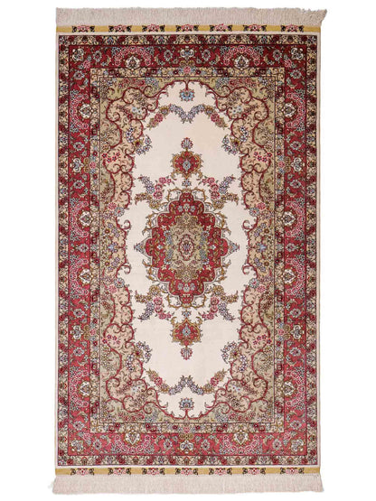 Sehr feiner, handgeknüpfter Khademi Orientteppich mit Hereke Design aus reiner Seide, weiß, creme, rosa. 156x94 cm. Vertrieb durch Jupiter Intl.