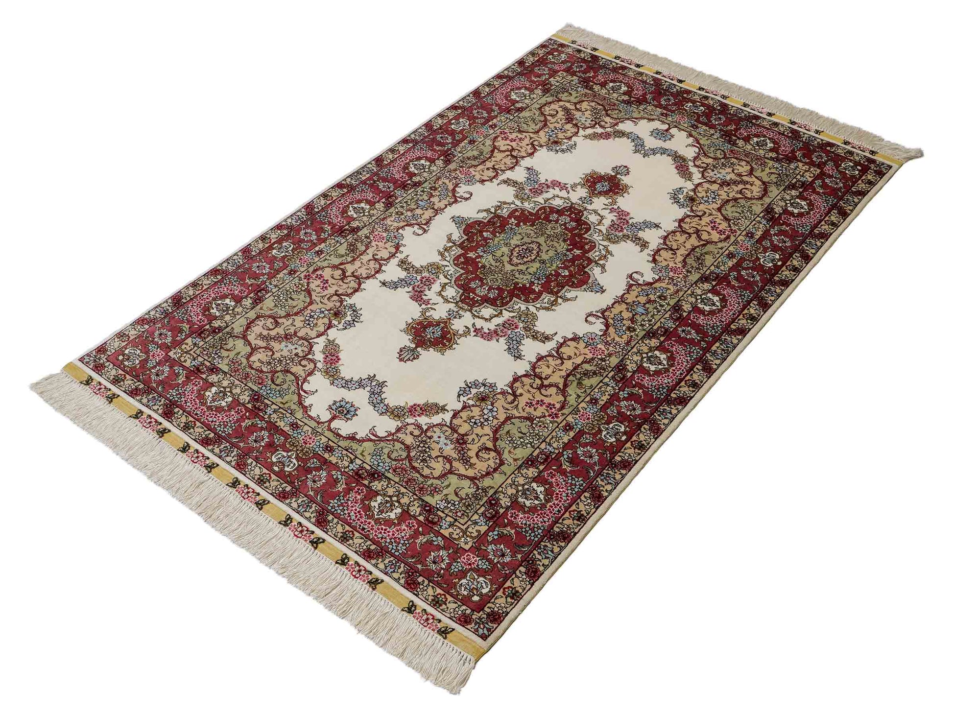 Sehr feiner, handgeknüpfter Khademi Orientteppich mit Hereke Design aus reiner Seide, weiß, creme, rosa. 156x94 cm. Vertrieb durch Jupiter Intl.