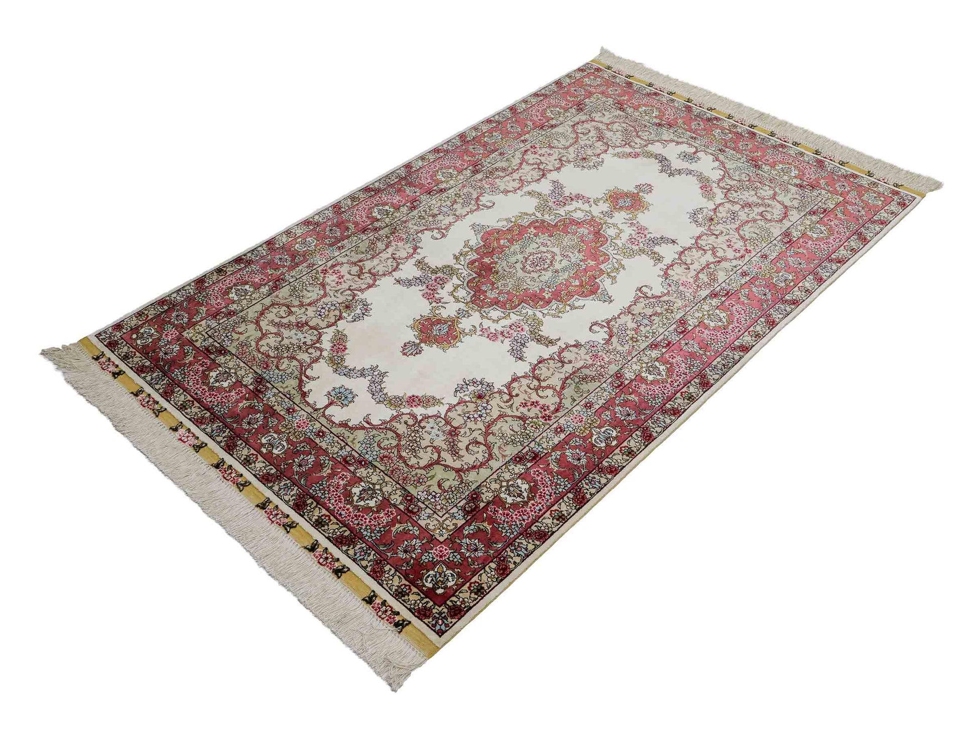Sehr feiner, handgeknüpfter Khademi Orientteppich mit Hereke Design aus reiner Seide, weiß, creme, rosa. 156x94 cm. Vertrieb durch Jupiter Intl.