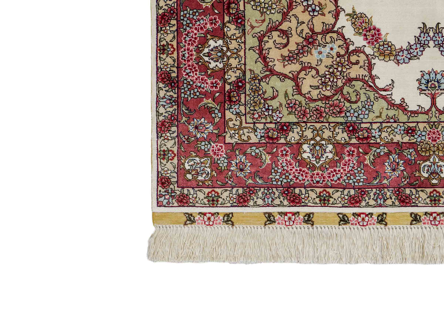 Sehr feiner, handgeknüpfter Khademi Orientteppich mit Hereke Design aus reiner Seide, weiß, creme, rosa. 156x94 cm. Vertrieb durch Jupiter Intl.