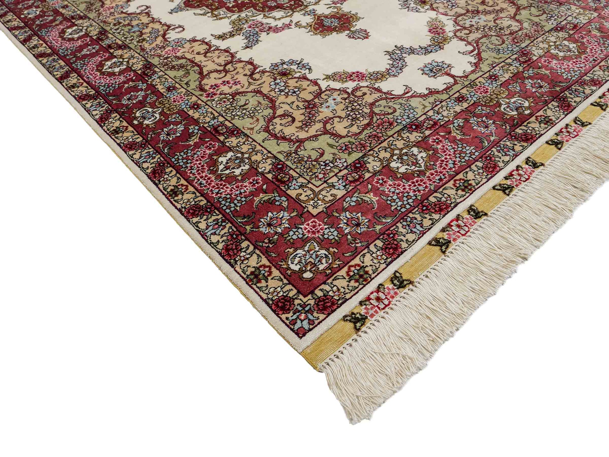 Sehr feiner, handgeknüpfter Khademi Orientteppich mit Hereke Design aus reiner Seide, weiß, creme, rosa. 156x94 cm. Vertrieb durch Jupiter Intl.