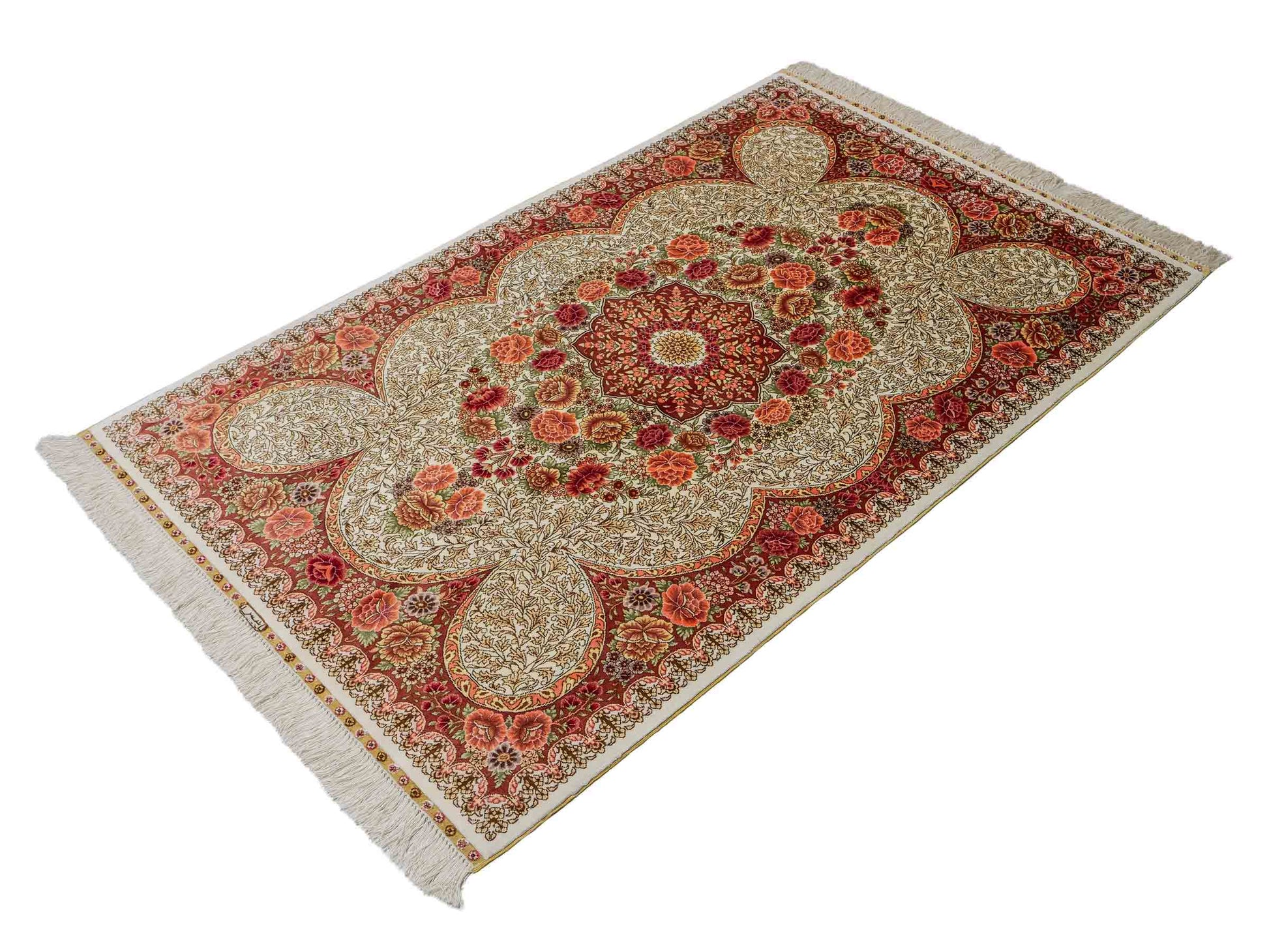 Sehr feiner, handgeknüpfter Khademi Hereke Orientteppich aus Seide, creme. 156x96 cm. Vertrieb durch Jupiter Intl.