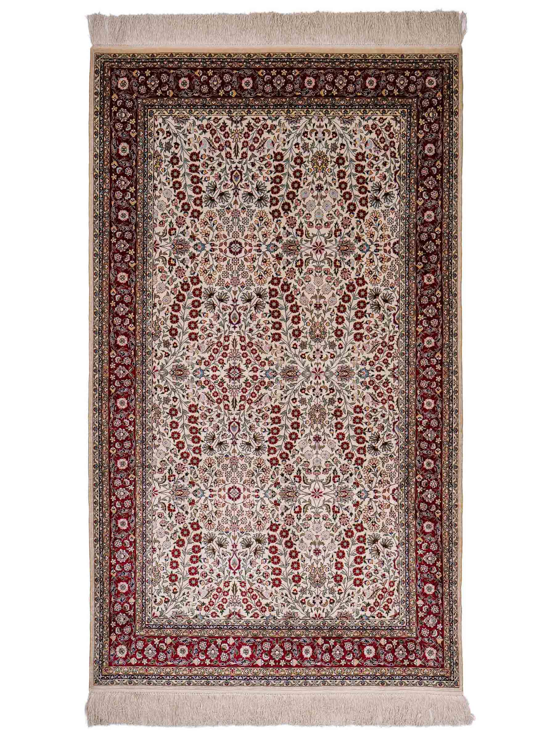 Sehr feiner, handgeknüpfter Khademi Orientteppich mit Hereke Design aus reiner Seide, creme, weiß, rot. 157x94 cm. Vertrieb durch Jupiter Intl.