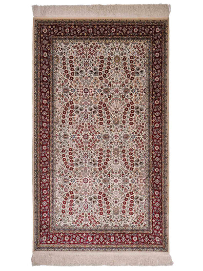 Sehr feiner, handgeknüpfter Khademi Orientteppich mit Hereke Design aus reiner Seide, creme, weiß, rot. 157x94 cm. Vertrieb durch Jupiter Intl.