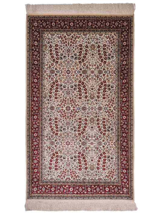 Sehr feiner, handgeknüpfter Khademi Orientteppich mit Hereke Design aus reiner Seide, creme, weiß, rot. 157x94 cm. Vertrieb durch Jupiter Intl.