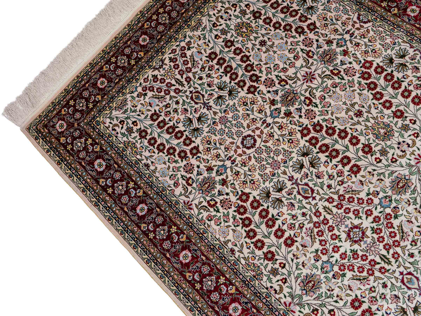 Sehr feiner, handgeknüpfter Khademi Orientteppich mit Hereke Design aus reiner Seide, creme, weiß, rot. 157x94 cm. Vertrieb durch Jupiter Intl.