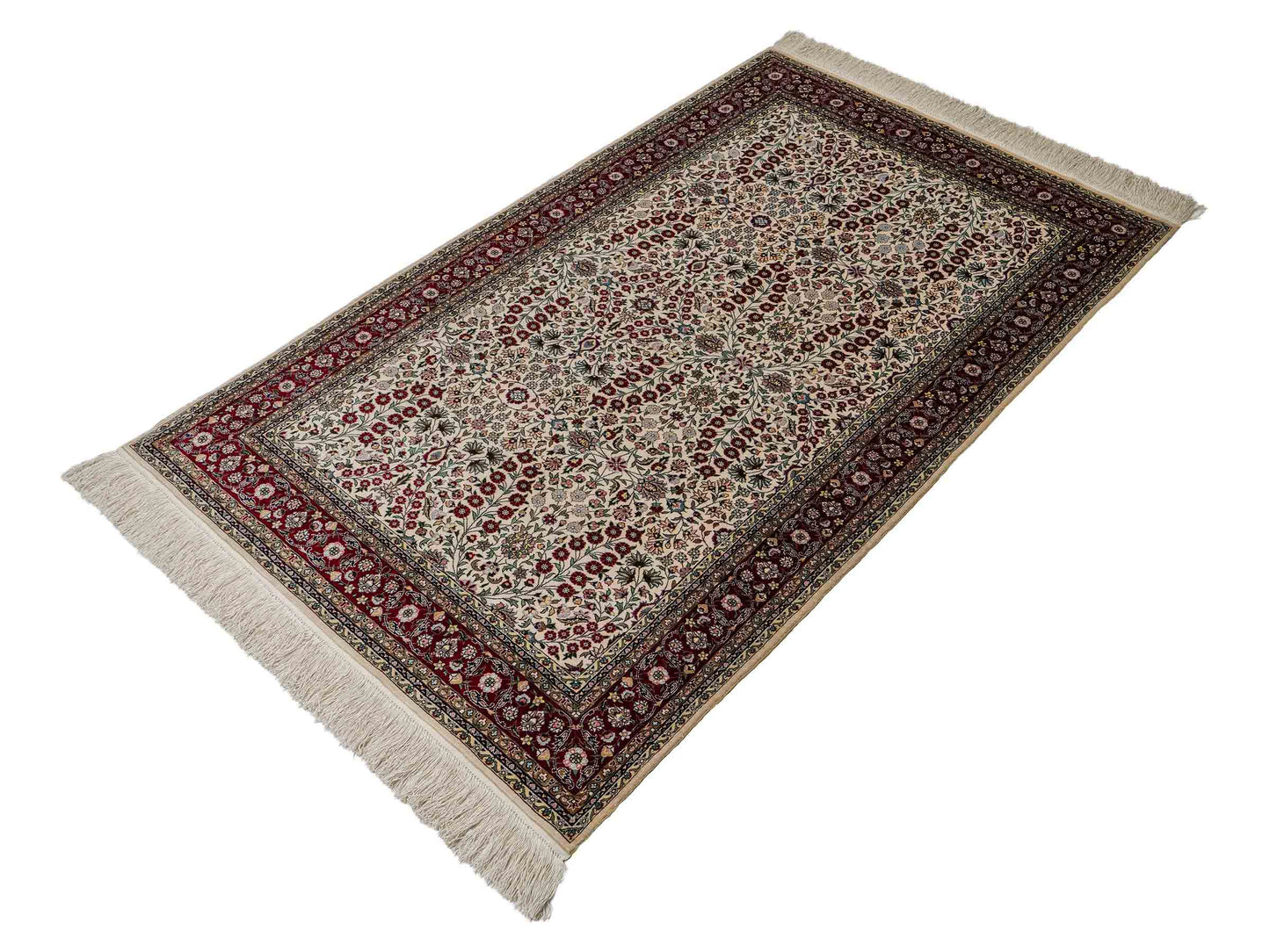 Sehr feiner, handgeknüpfter Khademi Orientteppich mit Hereke Design aus reiner Seide, creme, weiß, rot. 157x94 cm. Vertrieb durch Jupiter Intl.