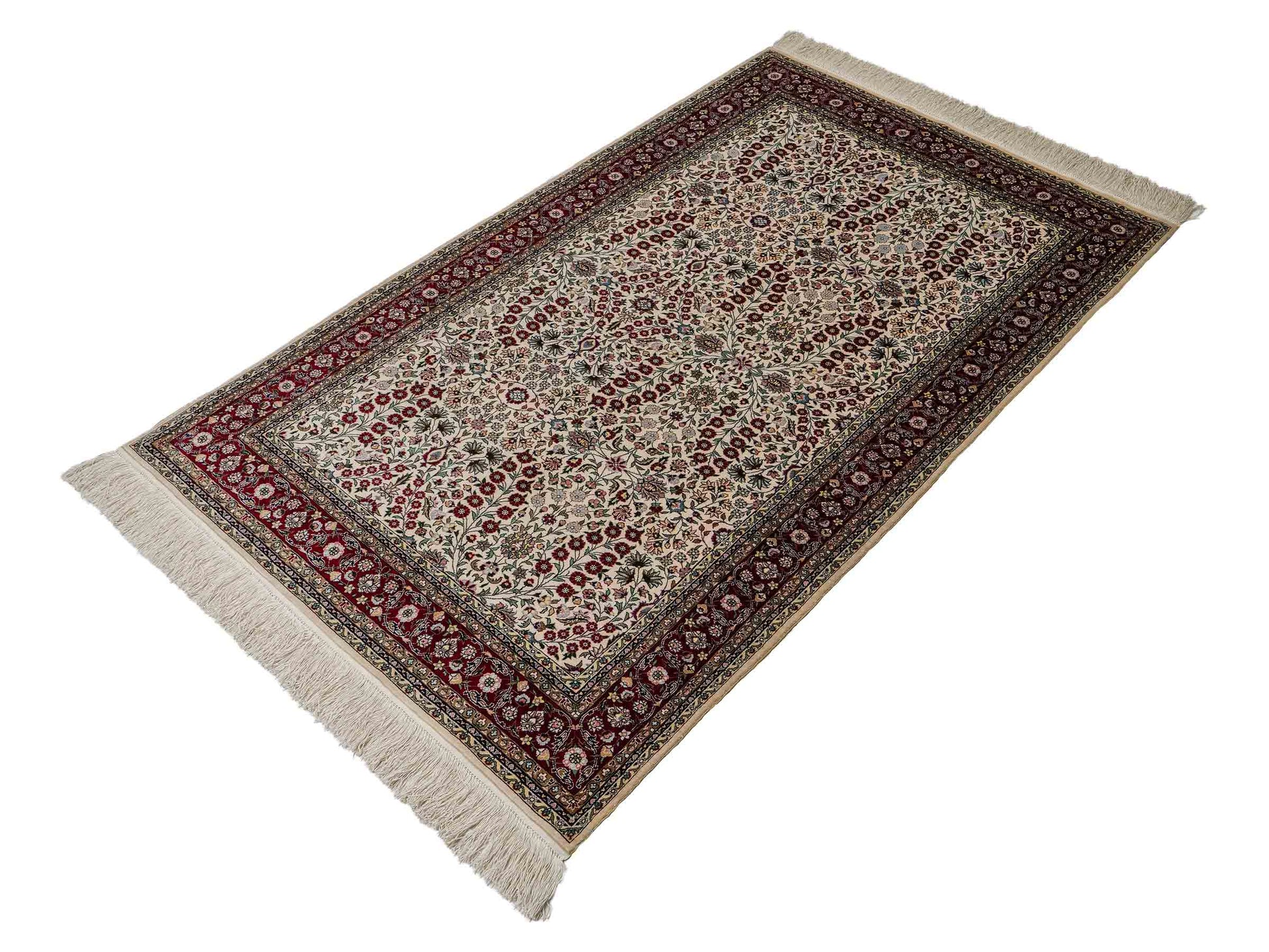 Sehr feiner, handgeknüpfter Khademi Orientteppich mit Hereke Design aus reiner Seide, creme, weiß, rot. 157x94 cm. Vertrieb durch Jupiter Intl.