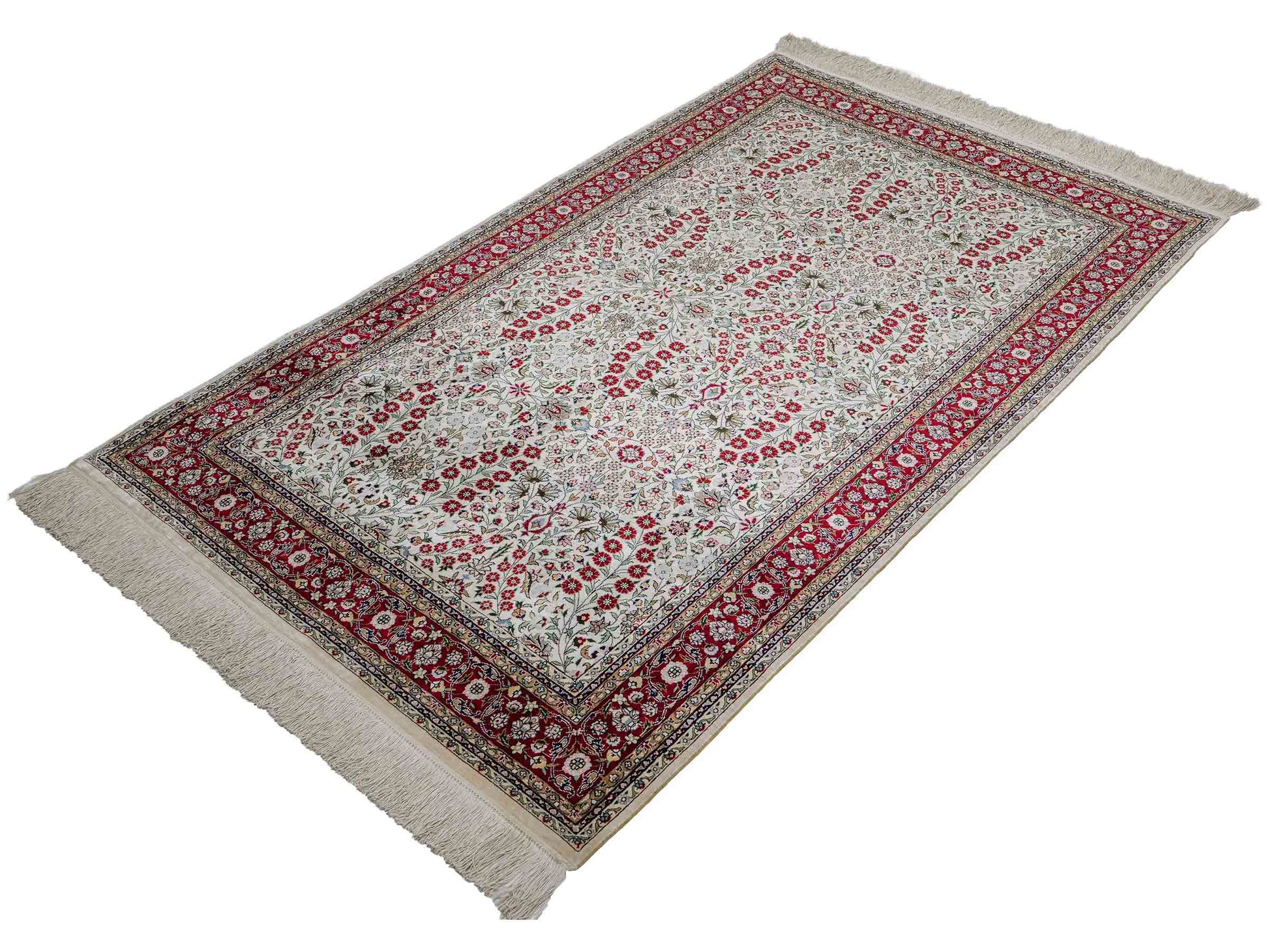 Sehr feiner, handgeknüpfter Khademi Orientteppich mit Hereke Design aus reiner Seide, creme, weiß, rot. 157x94 cm. Vertrieb durch Jupiter Intl.