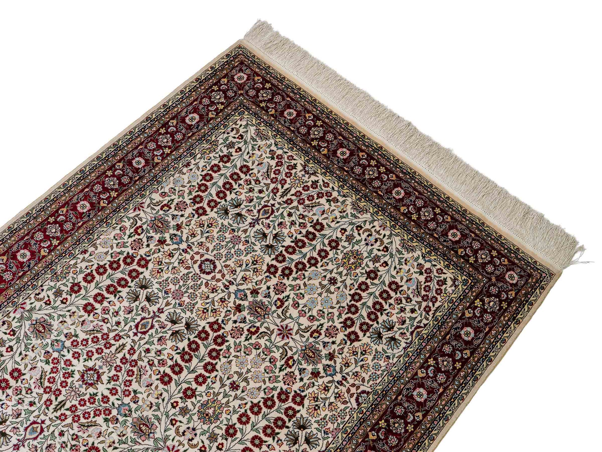 Sehr feiner, handgeknüpfter Khademi Orientteppich mit Hereke Design aus reiner Seide, creme, weiß, rot. 157x94 cm. Vertrieb durch Jupiter Intl.
