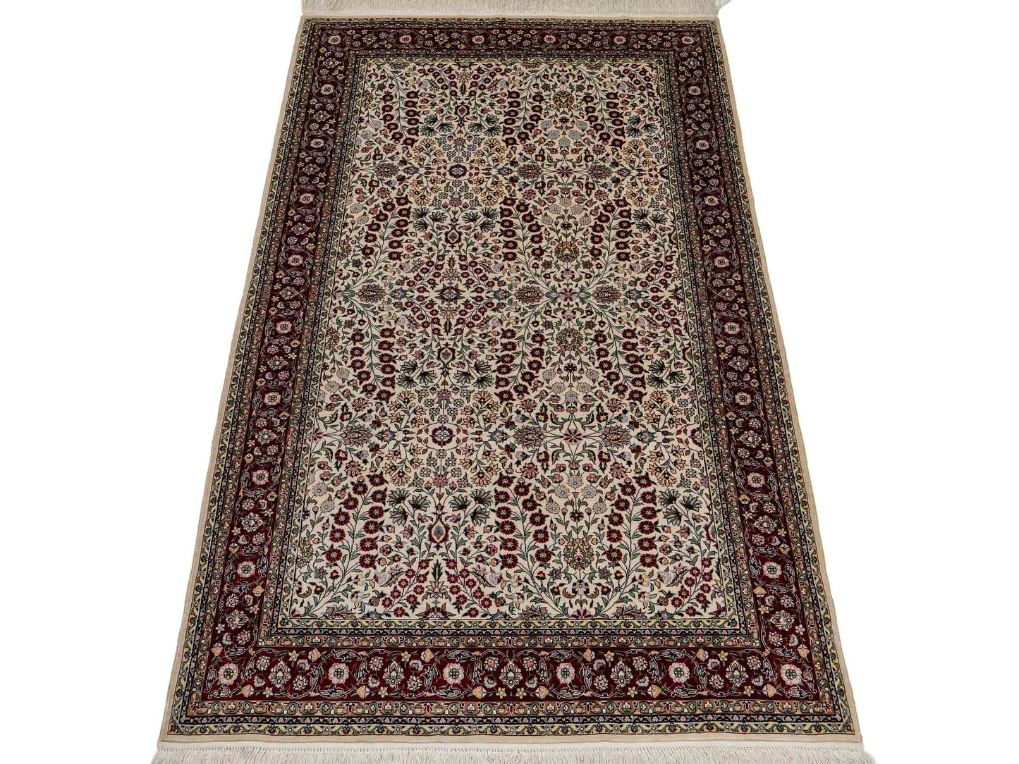 Sehr feiner, handgeknüpfter Khademi Orientteppich mit Hereke Design aus reiner Seide, creme, weiß, rot. 157x94 cm. Vertrieb durch Jupiter Intl.