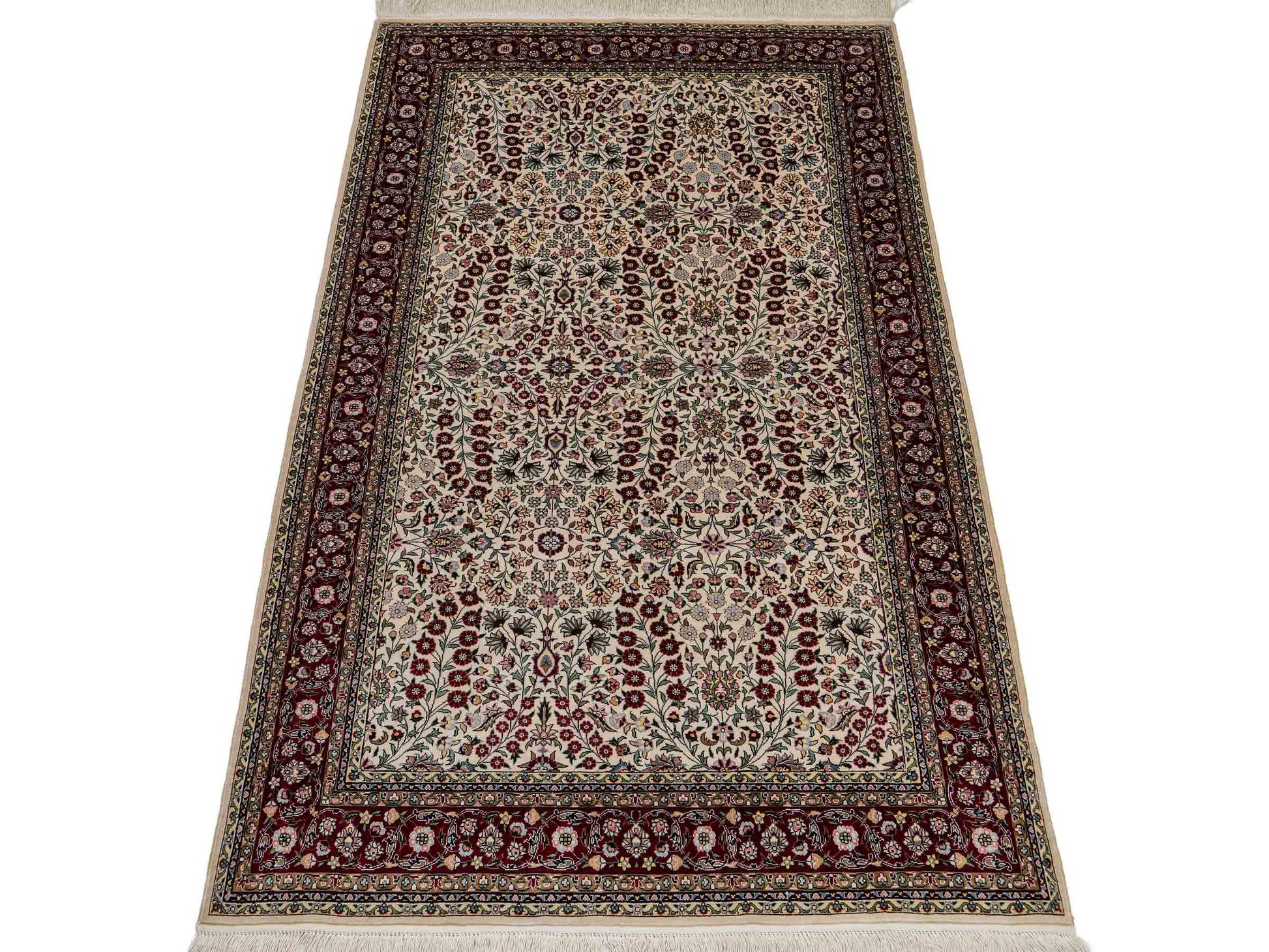 Sehr feiner, handgeknüpfter Khademi Orientteppich mit Hereke Design aus reiner Seide, creme, weiß, rot. 157x94 cm. Vertrieb durch Jupiter Intl.