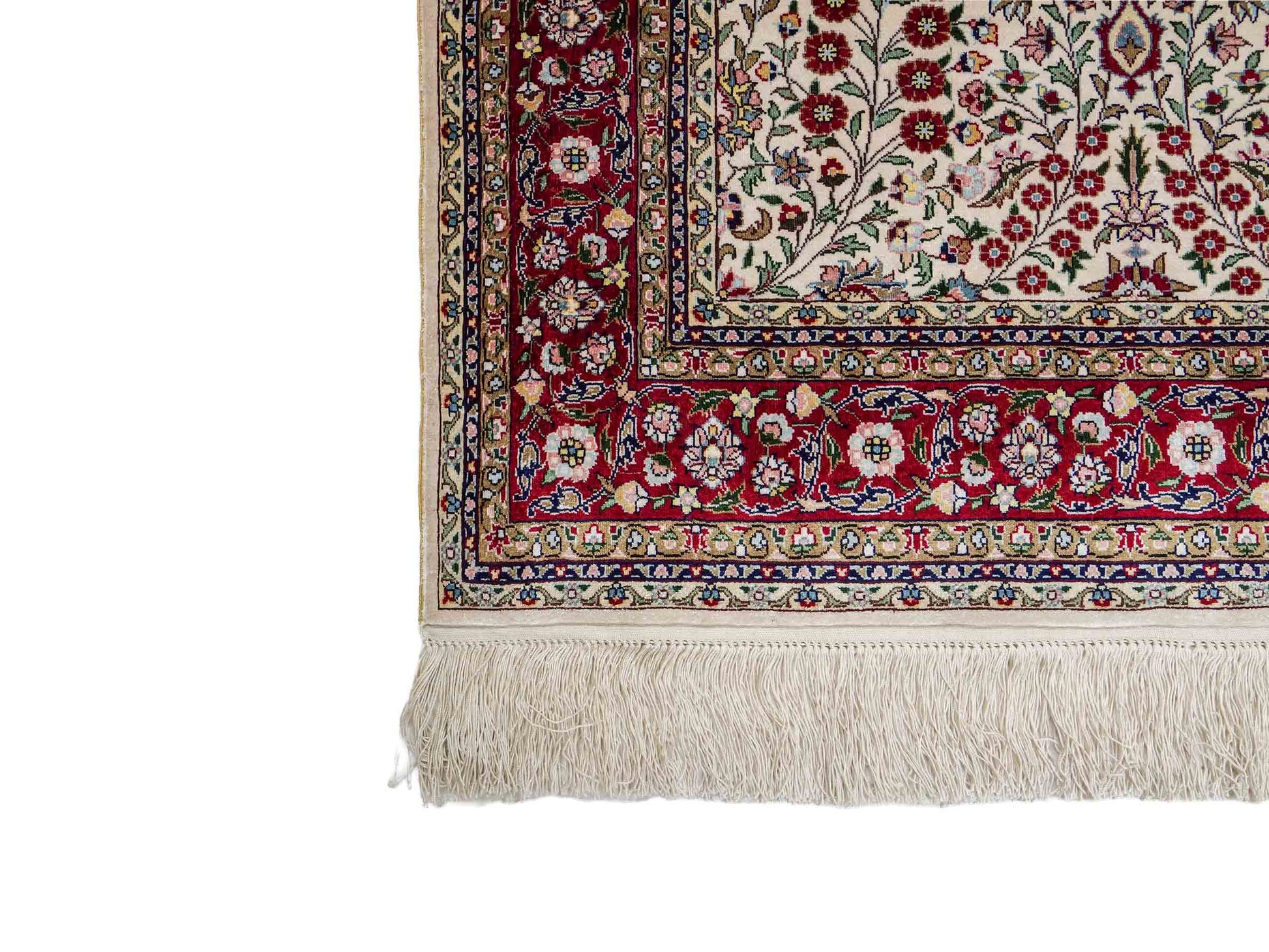 Sehr feiner, handgeknüpfter Khademi Orientteppich mit Hereke Design aus reiner Seide, creme, weiß, rot. 157x94 cm. Vertrieb durch Jupiter Intl.