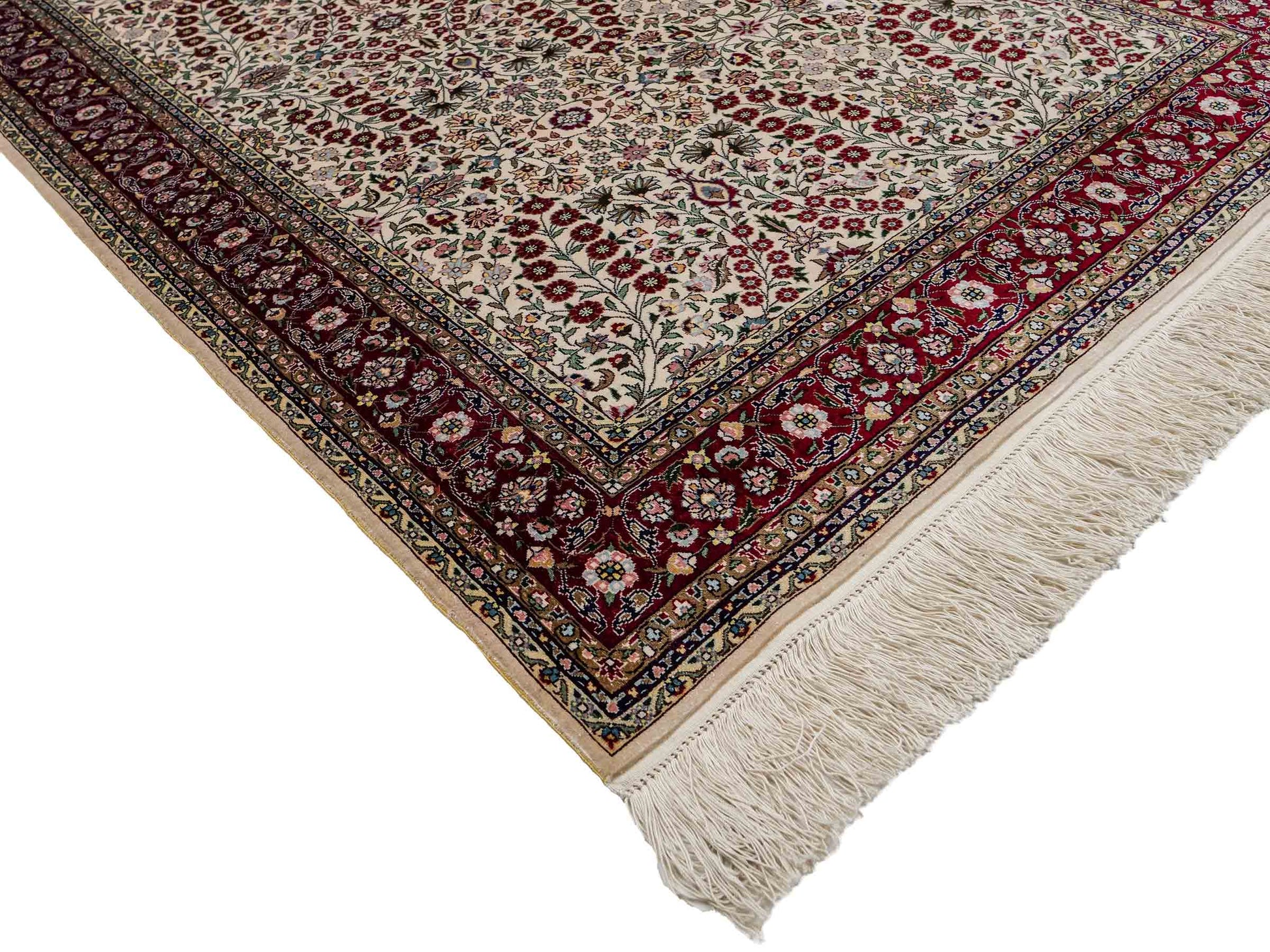 Sehr feiner, handgeknüpfter Khademi Orientteppich mit Hereke Design aus reiner Seide, creme, weiß, rot. 157x94 cm. Vertrieb durch Jupiter Intl.