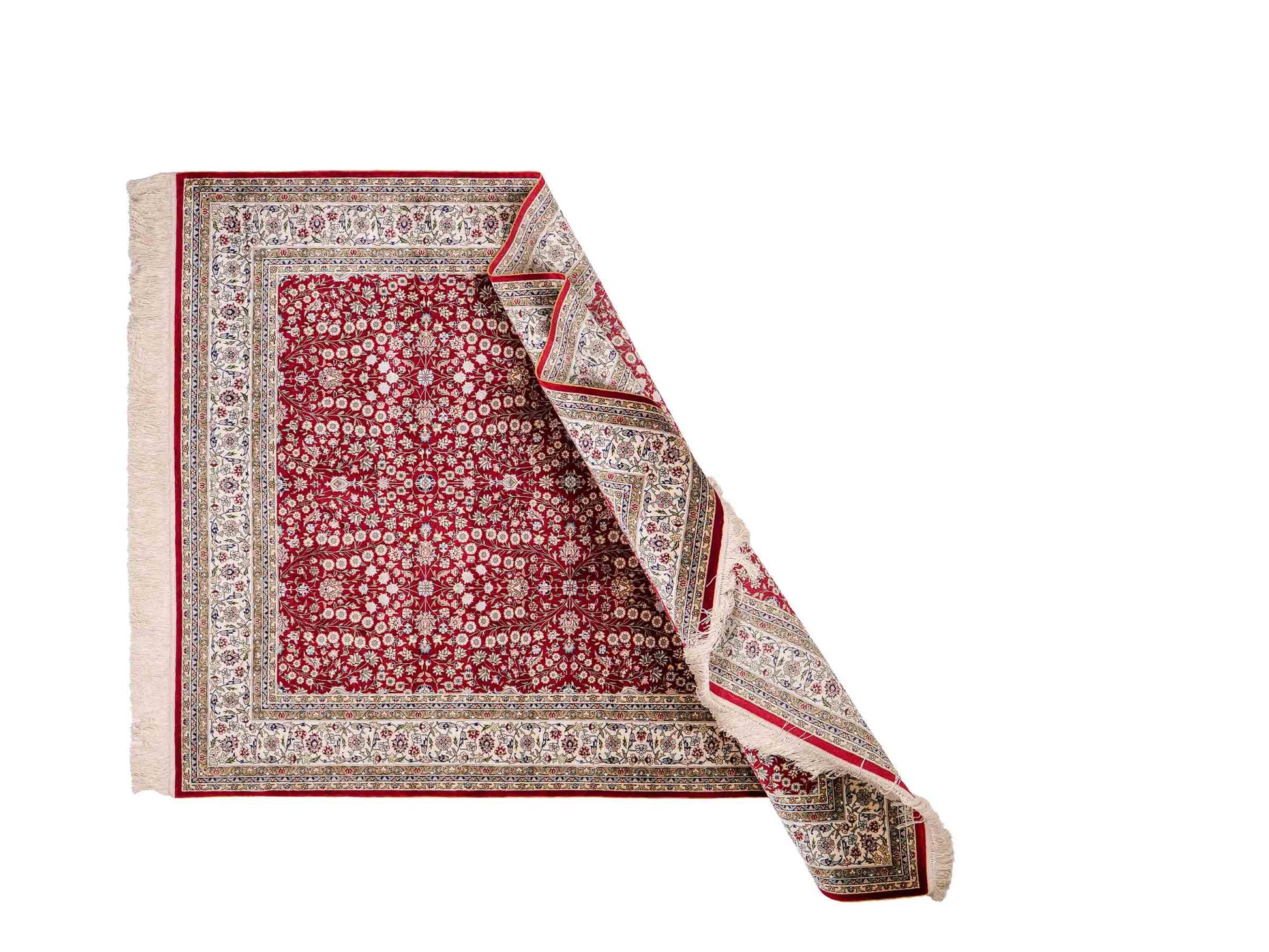 Sehr feiner, handgeknüpfter Khademi Orientteppich mit Hereke Design aus reiner Seide, rot, creme. 184x123 cm. Vertrieb durch Jupiter Intl.