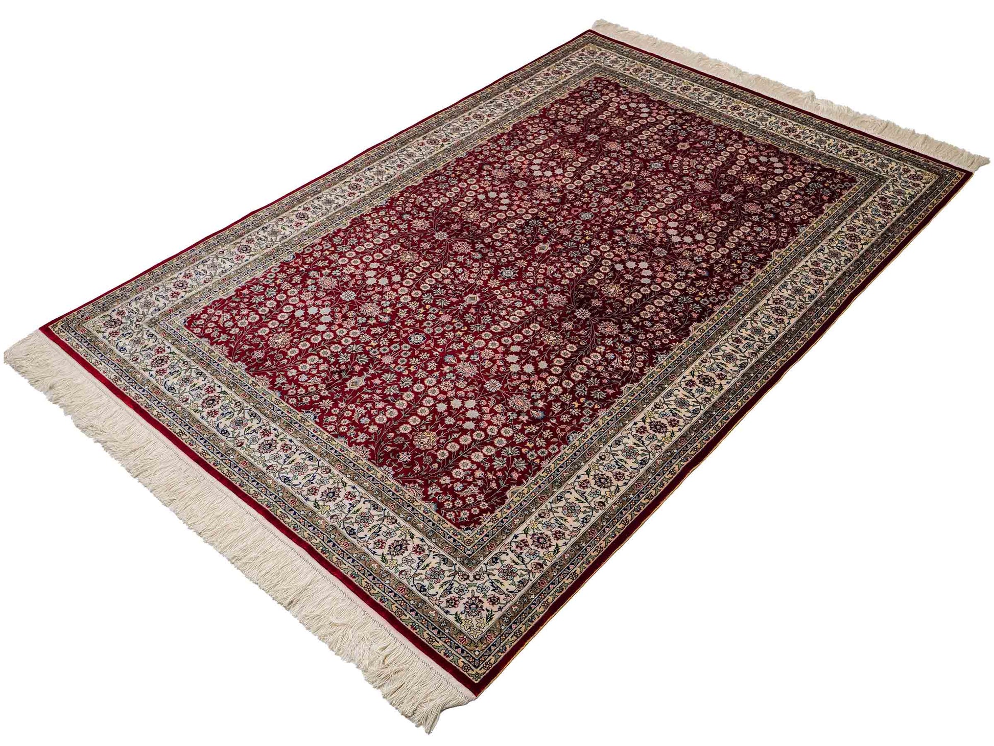 Sehr feiner, handgeknüpfter Khademi Orientteppich mit Hereke Design aus reiner Seide, rot, creme. 184x123 cm. Vertrieb durch Jupiter Intl.