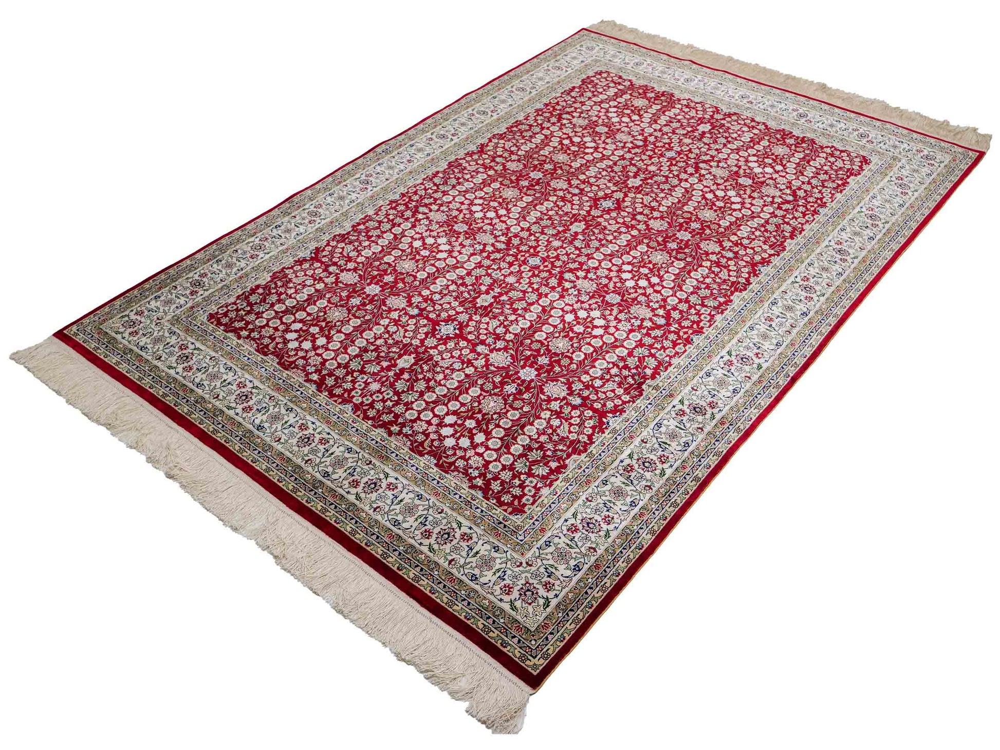 Sehr feiner, handgeknüpfter Khademi Orientteppich mit Hereke Design aus reiner Seide, rot, creme. 184x123 cm. Vertrieb durch Jupiter Intl.