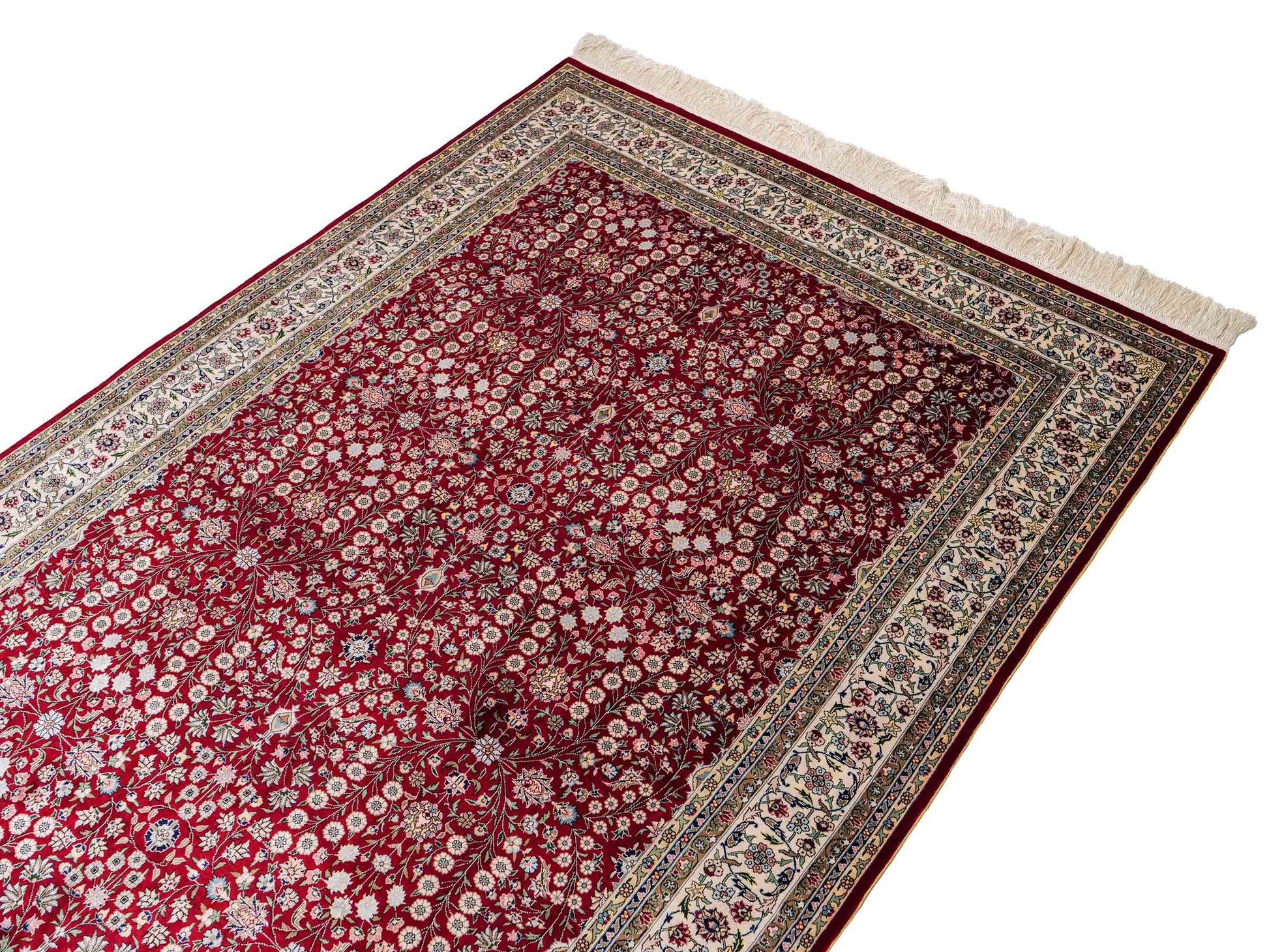 Sehr feiner, handgeknüpfter Khademi Orientteppich mit Hereke Design aus reiner Seide, rot, creme. 184x123 cm. Vertrieb durch Jupiter Intl.