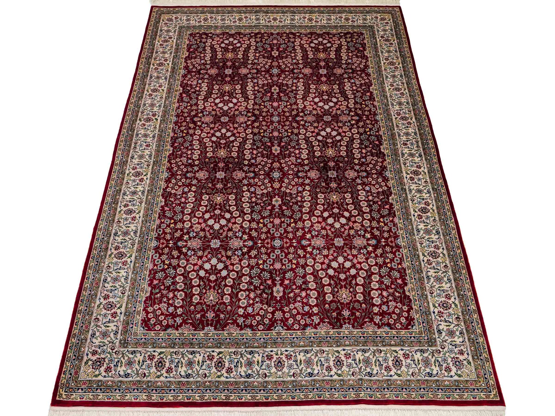 Sehr feiner, handgeknüpfter Khademi Orientteppich mit Hereke Design aus reiner Seide, rot, creme. 184x123 cm. Vertrieb durch Jupiter Intl.