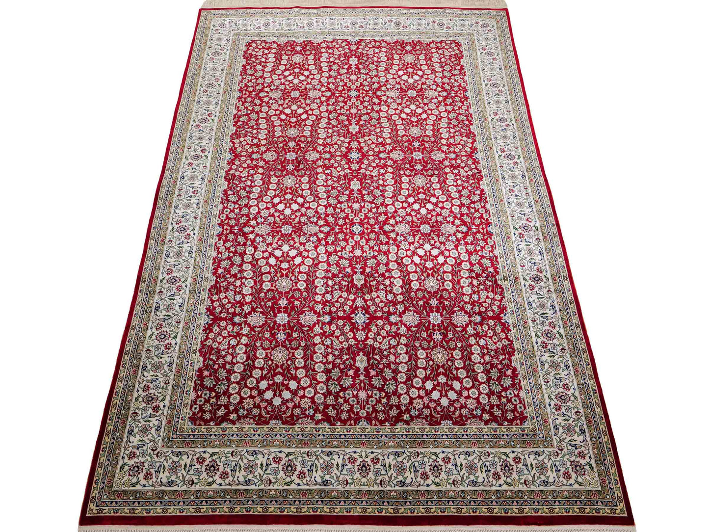 Sehr feiner, handgeknüpfter Khademi Orientteppich mit Hereke Design aus reiner Seide, rot, creme. 184x123 cm. Vertrieb durch Jupiter Intl.