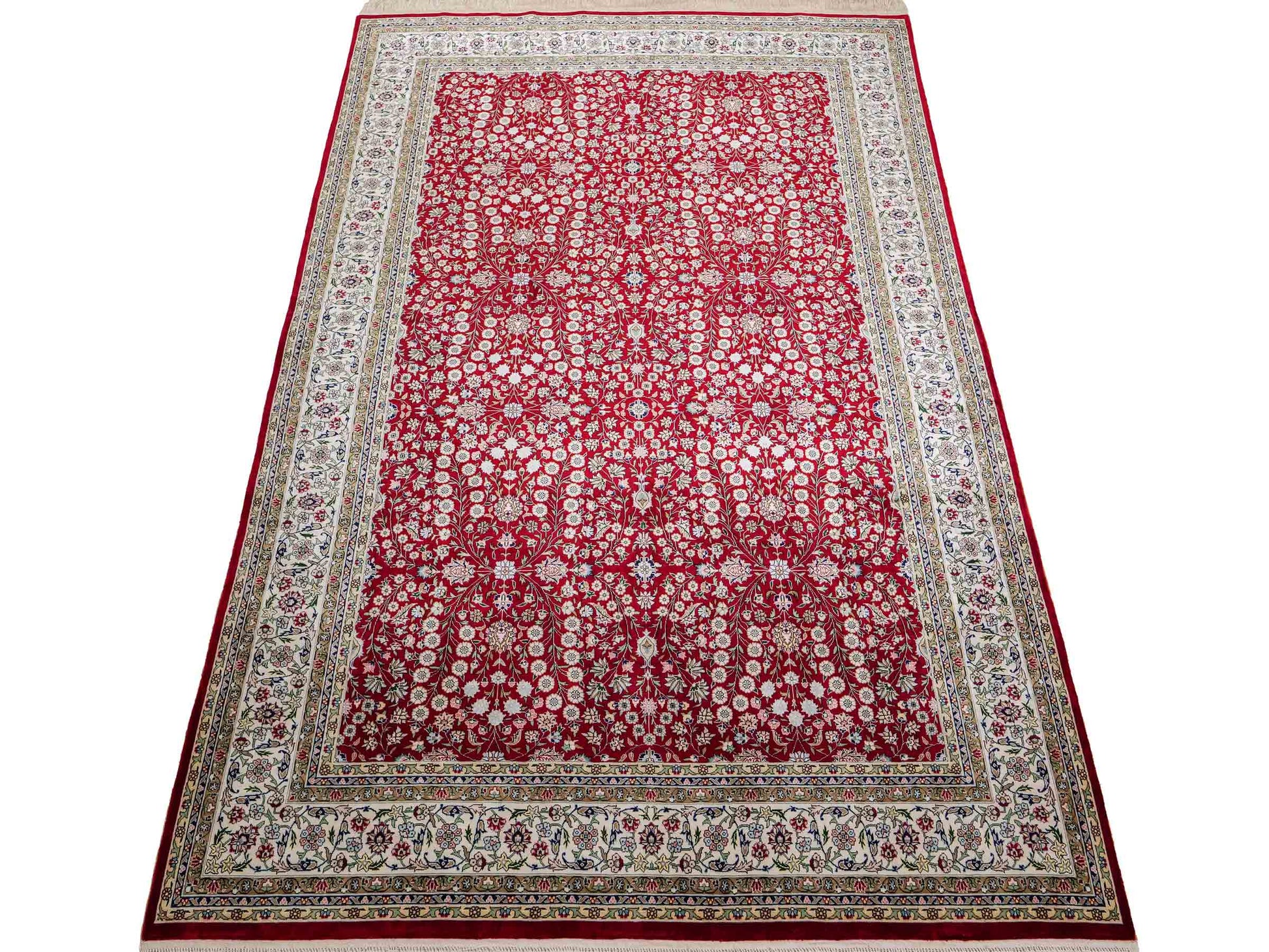 Sehr feiner, handgeknüpfter Khademi Orientteppich mit Hereke Design aus reiner Seide, rot, creme. 184x123 cm. Vertrieb durch Jupiter Intl.