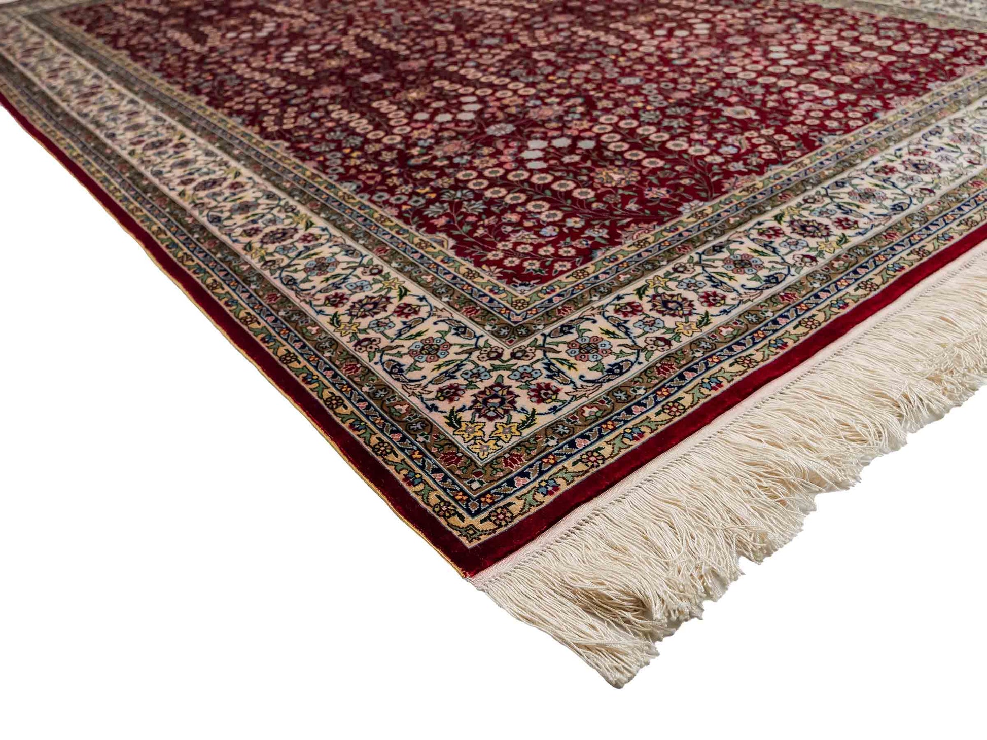 Sehr feiner, handgeknüpfter Khademi Orientteppich mit Hereke Design aus reiner Seide, rot, creme. 184x123 cm. Vertrieb durch Jupiter Intl.