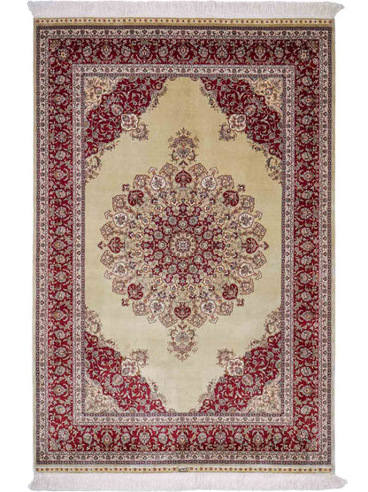 Sehr feiner, handgeknüpfter Khademi Orientteppich mit Hereke Design aus reiner Seide, oliv, rot. 186x124 cm. Vertrieb durch Jupiter Intl.