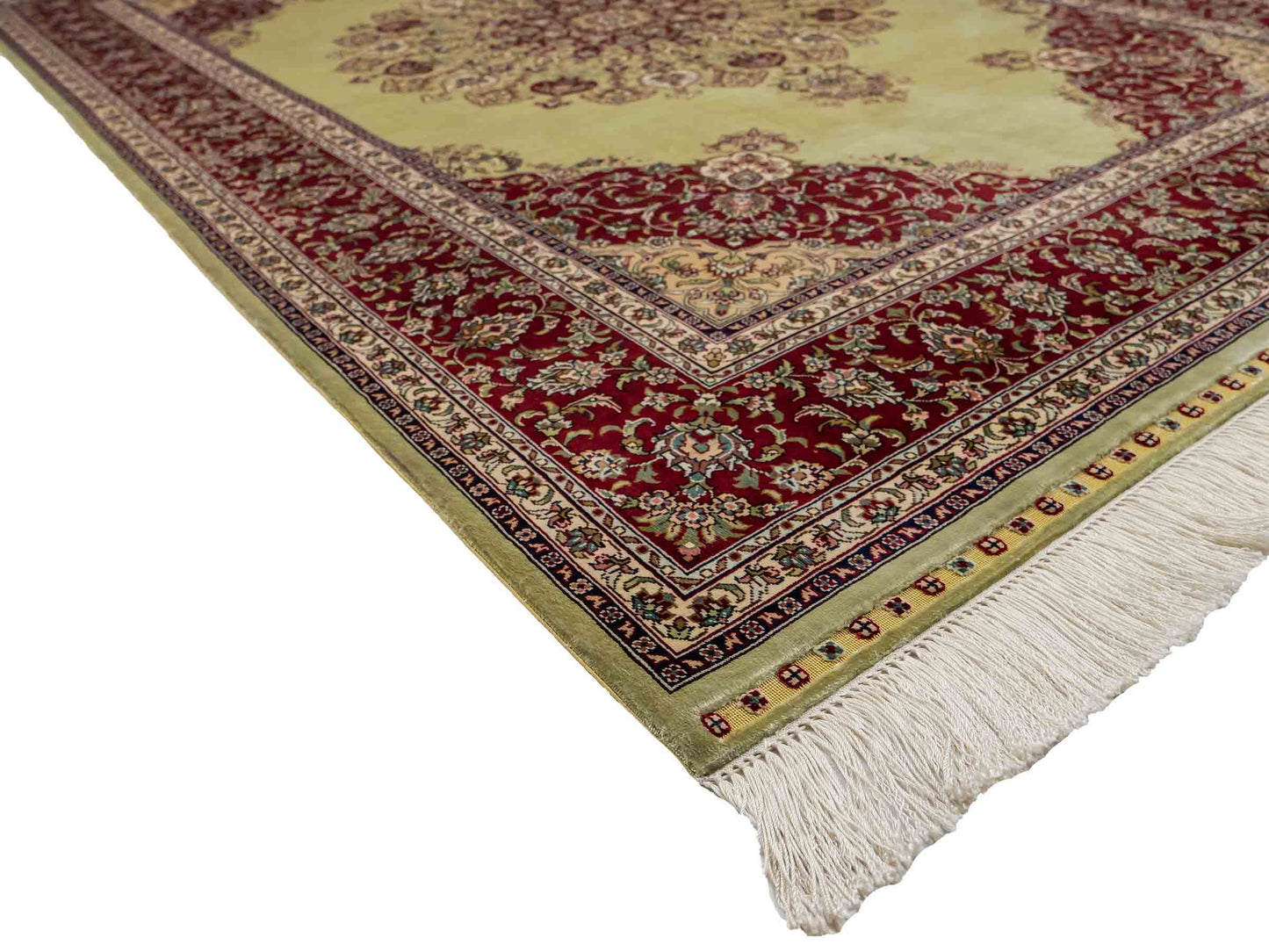 Sehr feiner, handgeknüpfter Khademi Orientteppich mit Hereke Design aus reiner Seide, oliv, rot. 186x124 cm. Vertrieb durch Jupiter Intl.