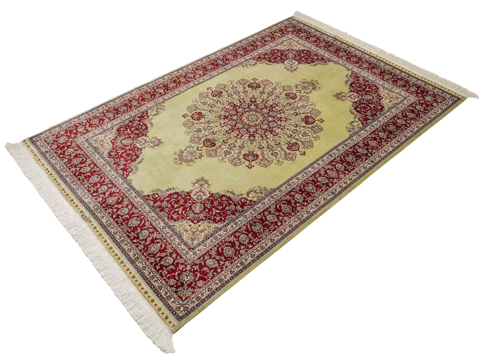 Sehr feiner, handgeknüpfter Khademi Orientteppich mit Hereke Design aus reiner Seide, oliv, rot. 186x124 cm. Vertrieb durch Jupiter Intl.