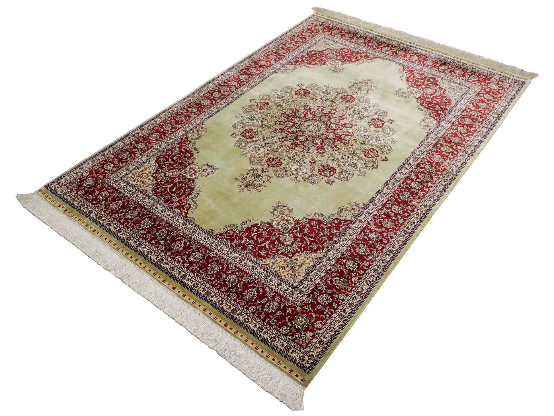 Sehr feiner, handgeknüpfter Khademi Orientteppich mit Hereke Design aus reiner Seide, oliv, rot. 186x124 cm. Vertrieb durch Jupiter Intl.
