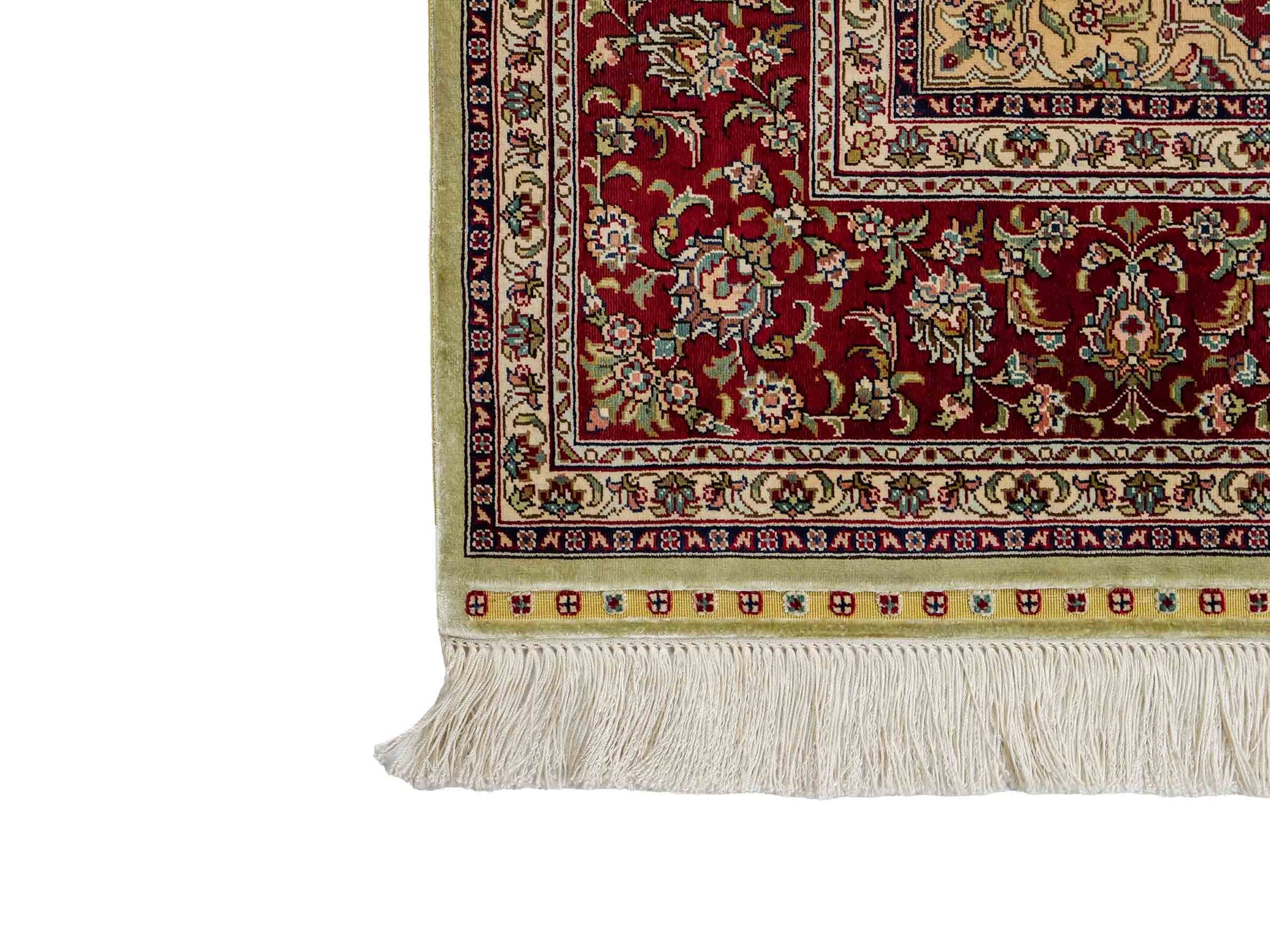 Sehr feiner, handgeknüpfter Khademi Orientteppich mit Hereke Design aus reiner Seide, oliv, rot. 186x124 cm. Vertrieb durch Jupiter Intl.
