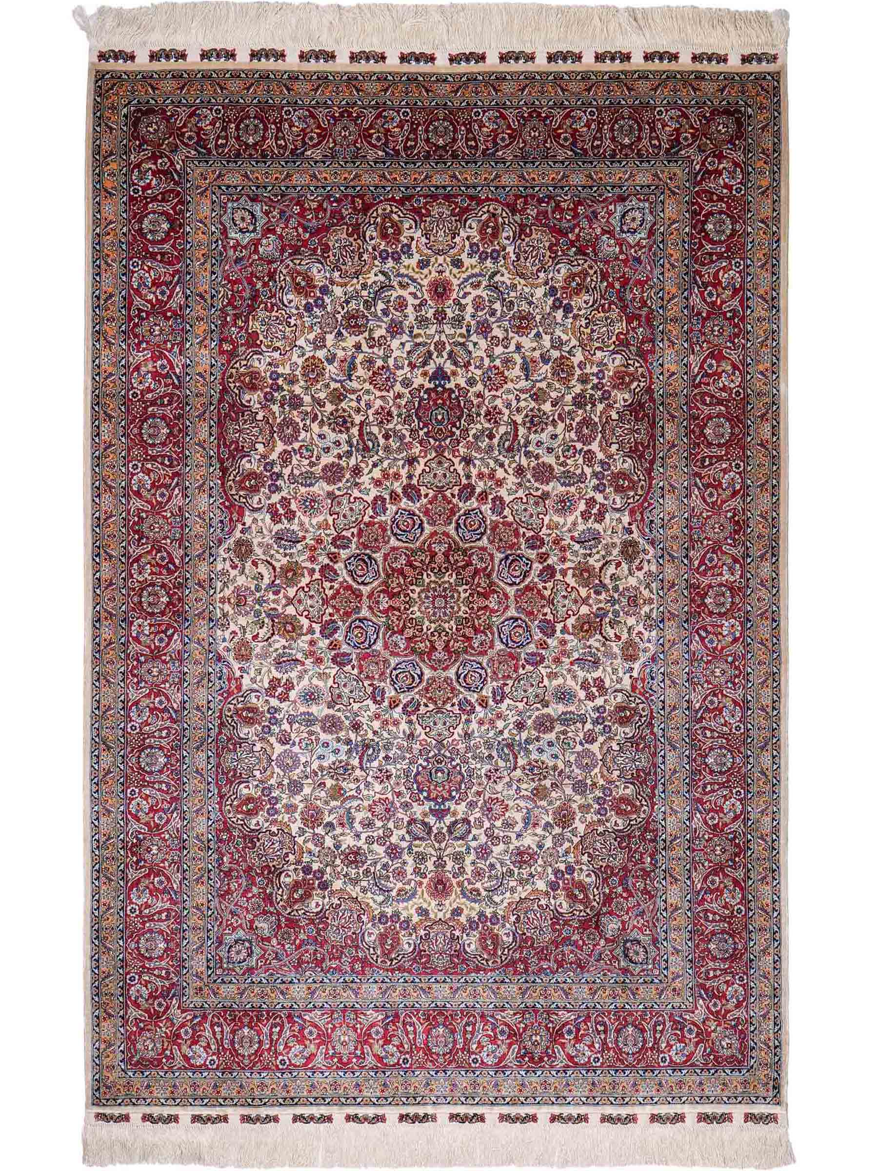 Sehr feiner, handgeknüpfter Khademi Orientteppich mit Hereke Design aus reiner Seide, rot, creme. 189x124 cm. Vertrieb durch Jupiter Intl.