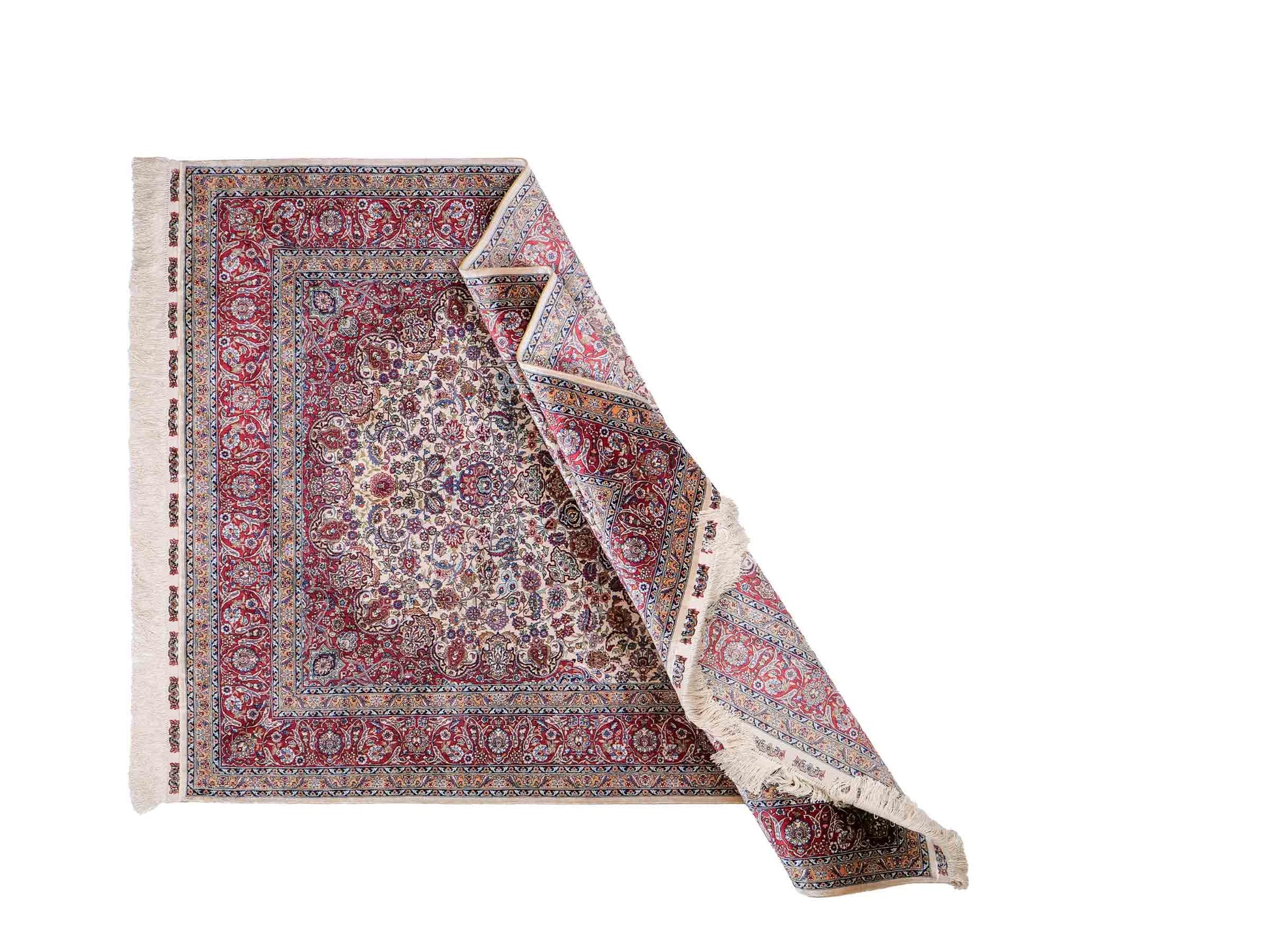 Sehr feiner, handgeknüpfter Khademi Orientteppich mit Hereke Design aus reiner Seide, rot, creme. 189x124 cm. Vertrieb durch Jupiter Intl.