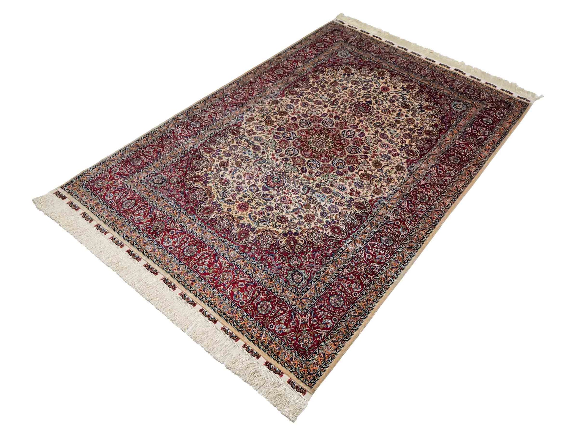 Sehr feiner, handgeknüpfter Khademi Orientteppich mit Hereke Design aus reiner Seide, rot, creme. 189x124 cm. Vertrieb durch Jupiter Intl.