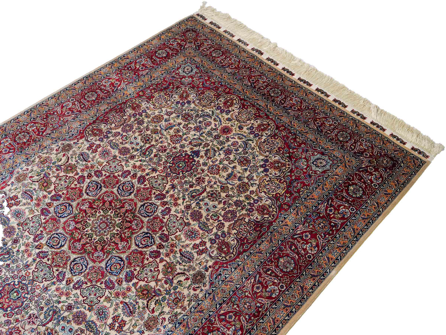 Sehr feiner, handgeknüpfter Khademi Orientteppich mit Hereke Design aus reiner Seide, rot, creme. 189x124 cm. Vertrieb durch Jupiter Intl.