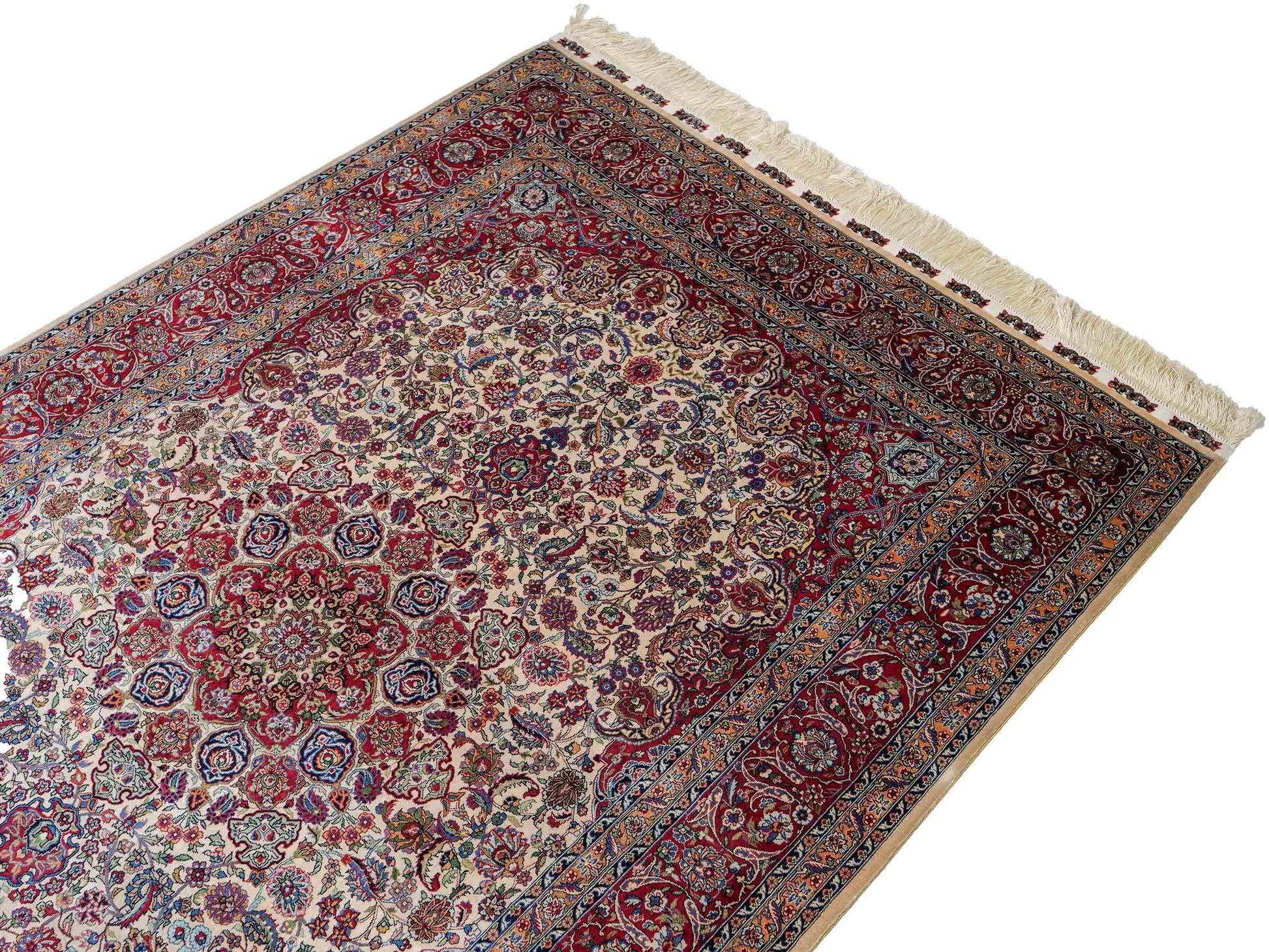 Sehr feiner, handgeknüpfter Khademi Orientteppich mit Hereke Design aus reiner Seide, rot, creme. 189x124 cm. Vertrieb durch Jupiter Intl.