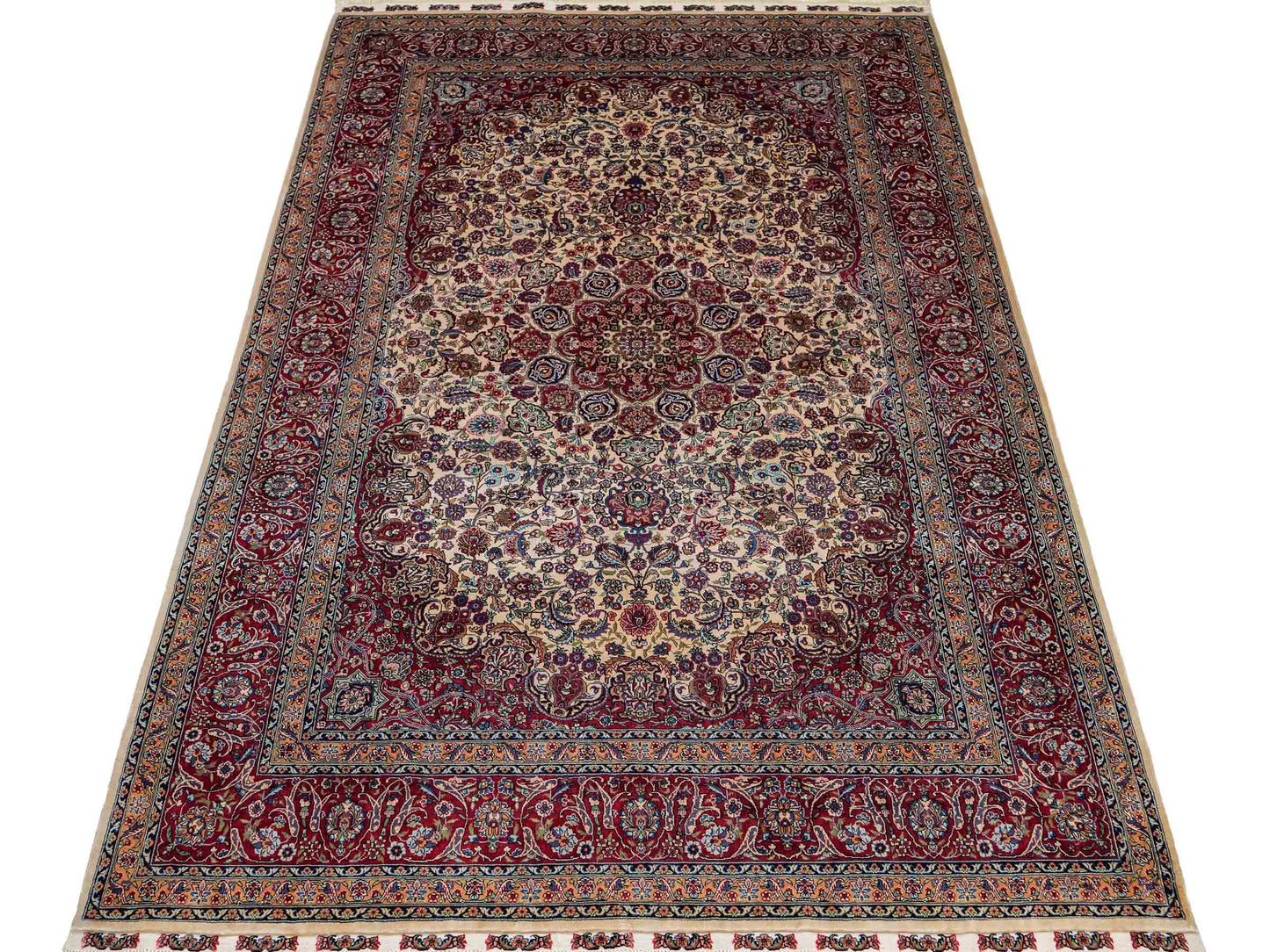Sehr feiner, handgeknüpfter Khademi Orientteppich mit Hereke Design aus reiner Seide, rot, creme. 189x124 cm. Vertrieb durch Jupiter Intl.
