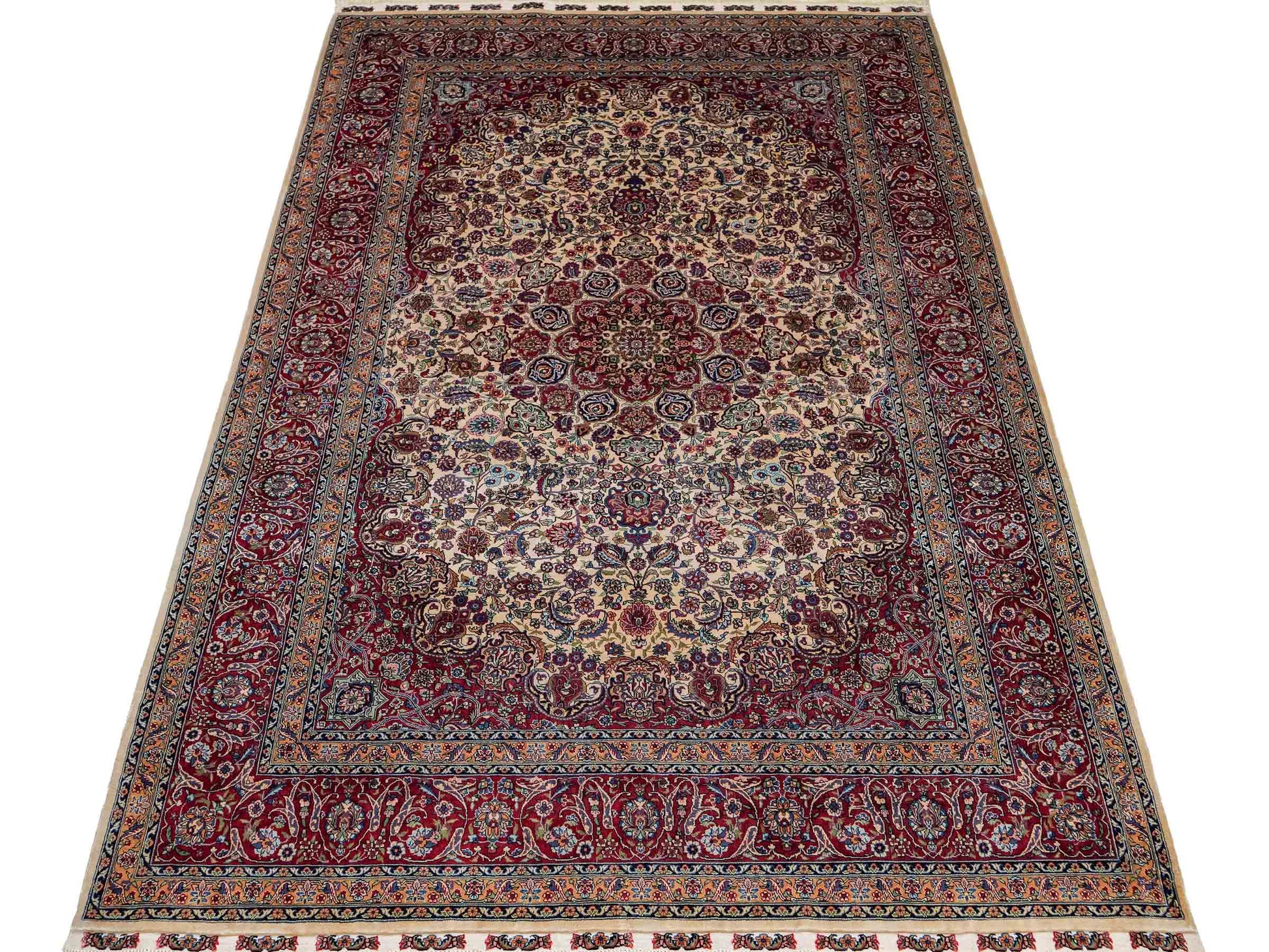 Sehr feiner, handgeknüpfter Khademi Orientteppich mit Hereke Design aus reiner Seide, rot, creme. 189x124 cm. Vertrieb durch Jupiter Intl.