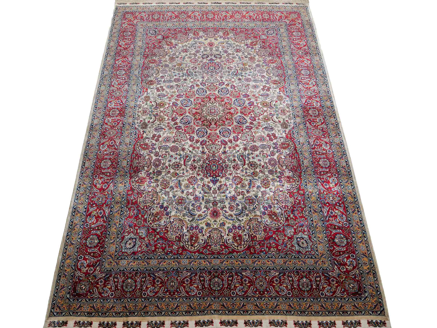 Sehr feiner, handgeknüpfter Khademi Orientteppich mit Hereke Design aus reiner Seide, rot, creme. 189x124 cm. Vertrieb durch Jupiter Intl.