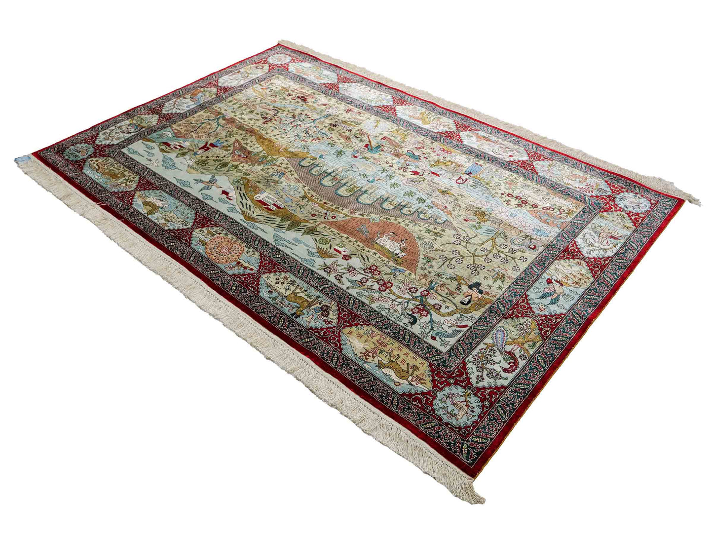 Sehr feiner, handgeknüpfter Khademi Orientteppich mit Hereke Design aus reiner Seide, rot, multicolor. 190x124 cm. Vertrieb durch Jupiter Intl.