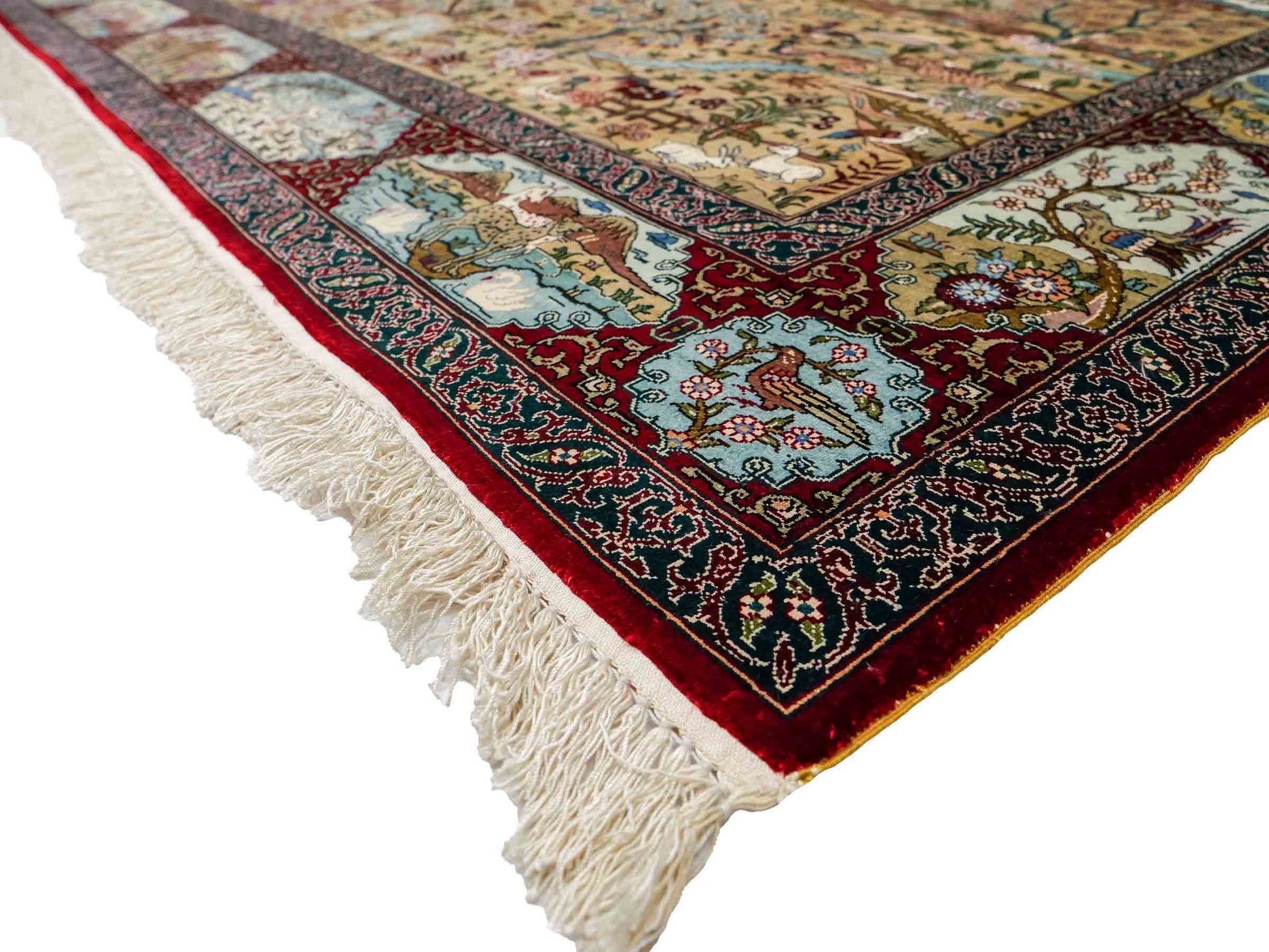 Sehr feiner, handgeknüpfter Khademi Orientteppich mit Hereke Design aus reiner Seide, rot, multicolor. 190x124 cm. Vertrieb durch Jupiter Intl.