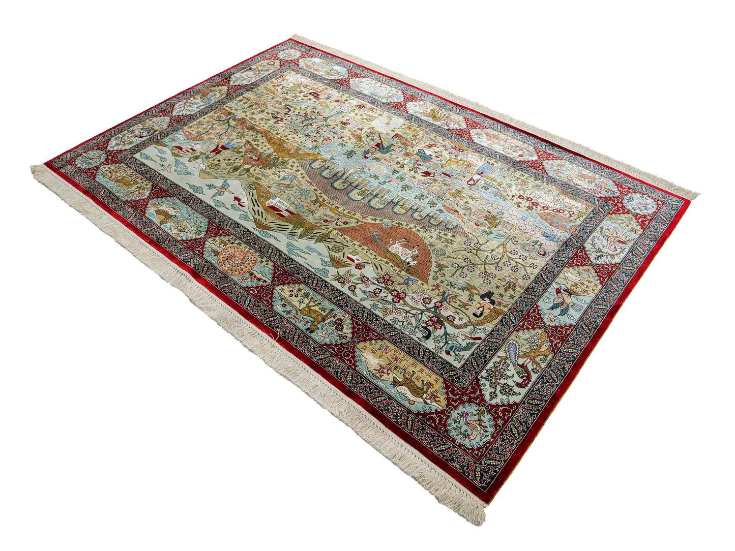 Sehr feiner, handgeknüpfter Khademi Orientteppich mit Hereke Design aus reiner Seide, rot, multicolor. 190x125 cm.  Vertrieb durch Jupiter Intl.