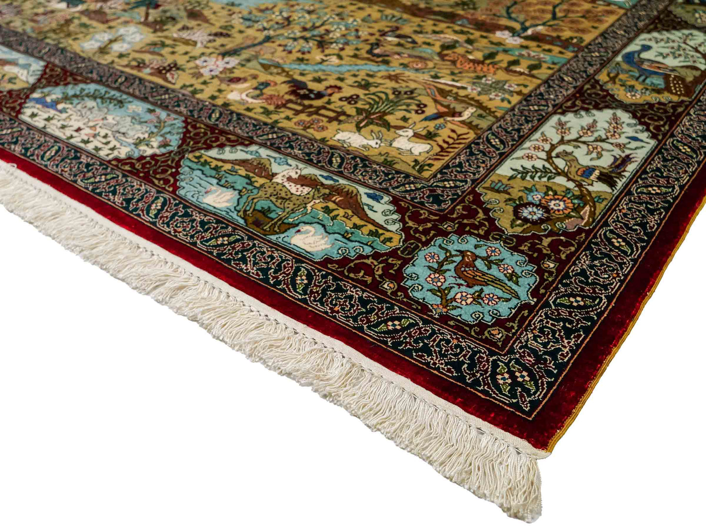 Sehr feiner, handgeknüpfter Khademi Orientteppich mit Hereke Design aus reiner Seide, rot, multicolor. 190x125 cm.  Vertrieb durch Jupiter Intl.
